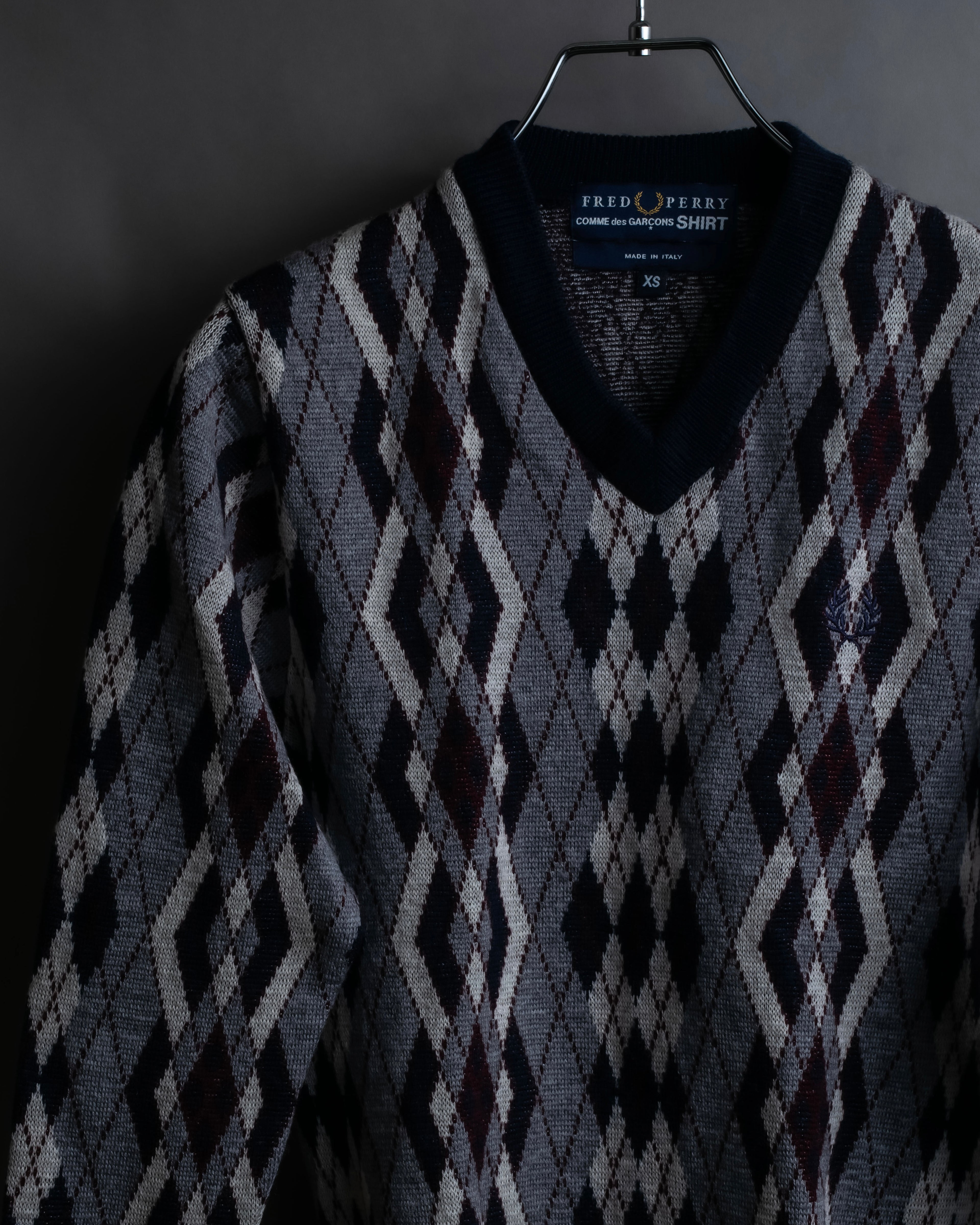 "COMME des GARCONS SHIRT × FRED PERRY" Argyle pattern box silhouette wool knit