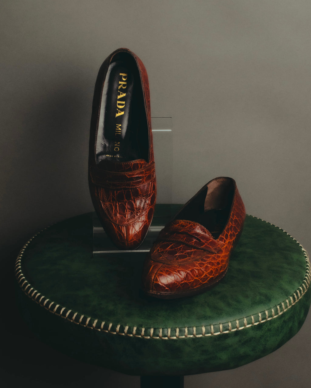 "PRADA" 90's-00's Croc embossed leather penny loafers