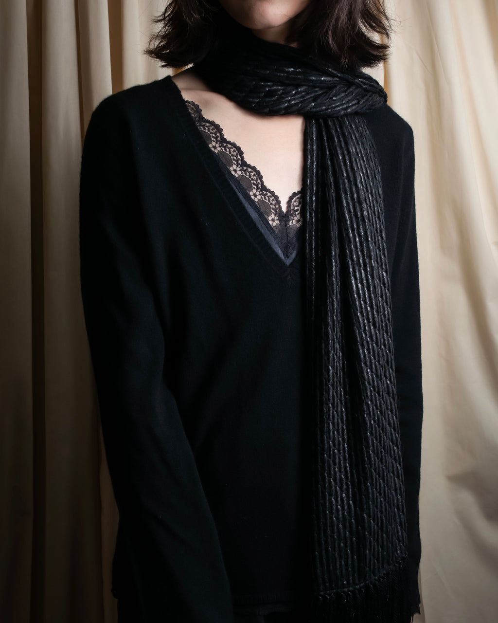 "GIORGIO ARMANI" Waffle low gauge knit fringe design stole