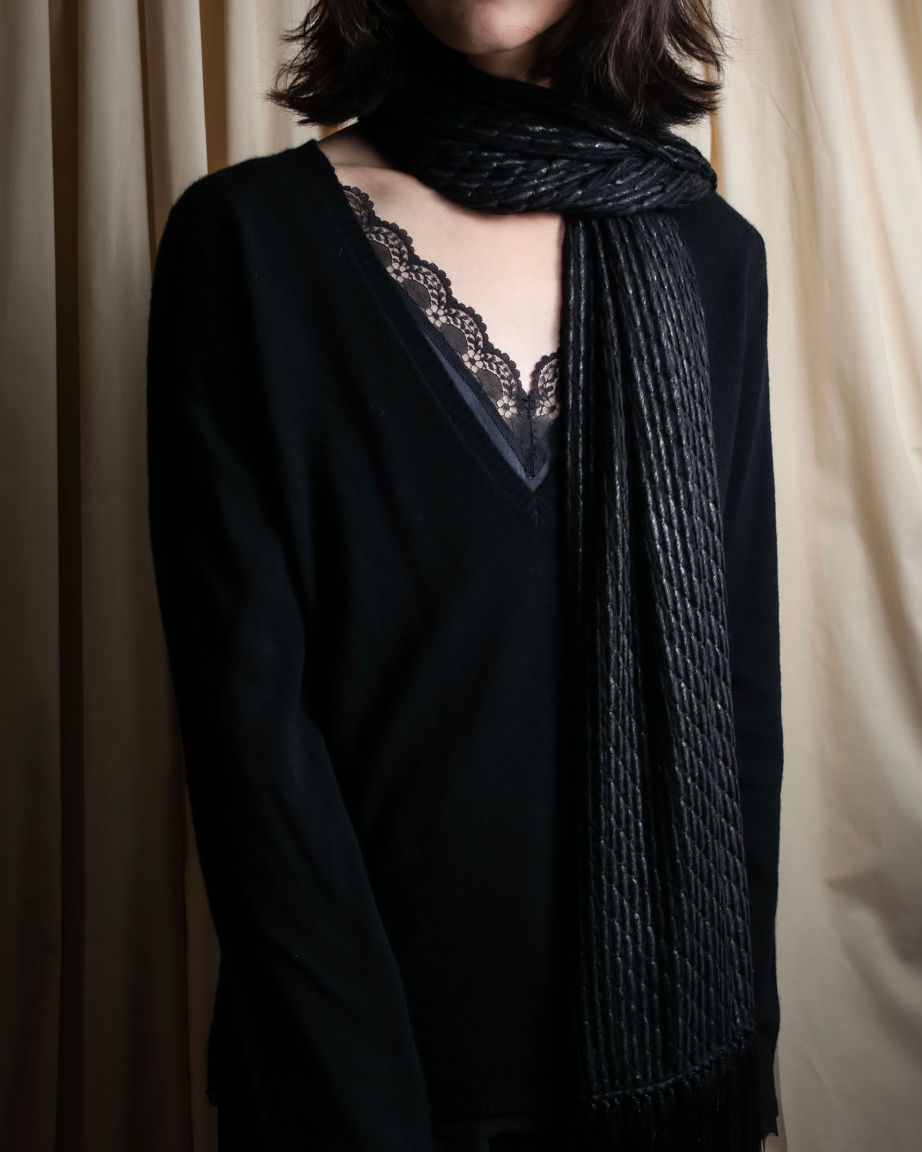 "GIORGIO ARMANI" Waffle low gauge knit fringe design stole