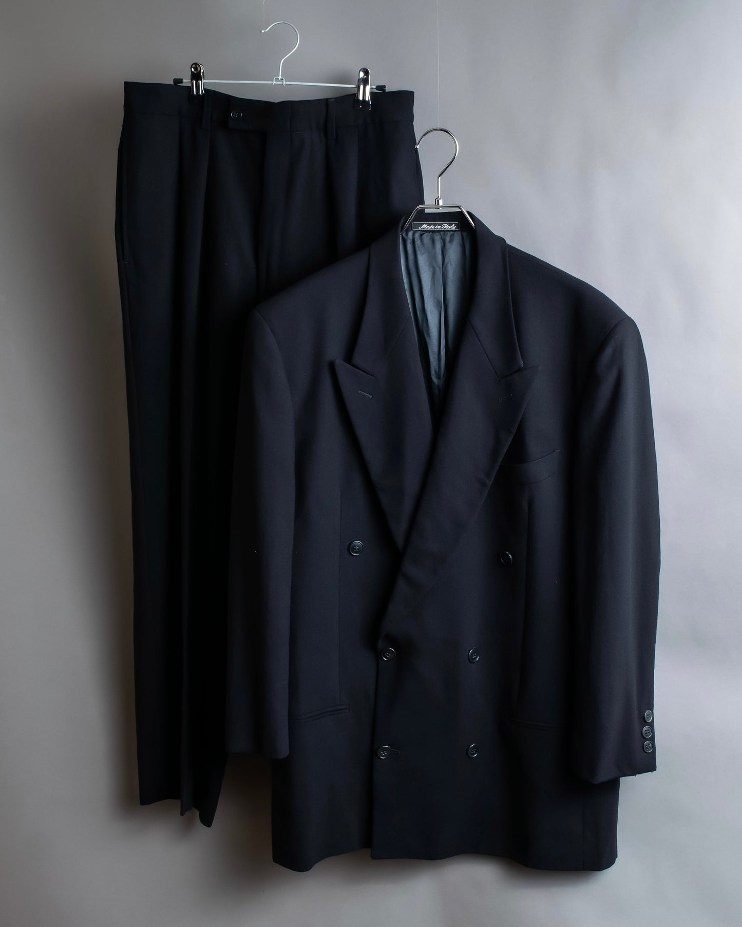 "EMPORIO ARMANI"  Peak lapel double breasted tailored jacket & 2  pleat wide slacks set up