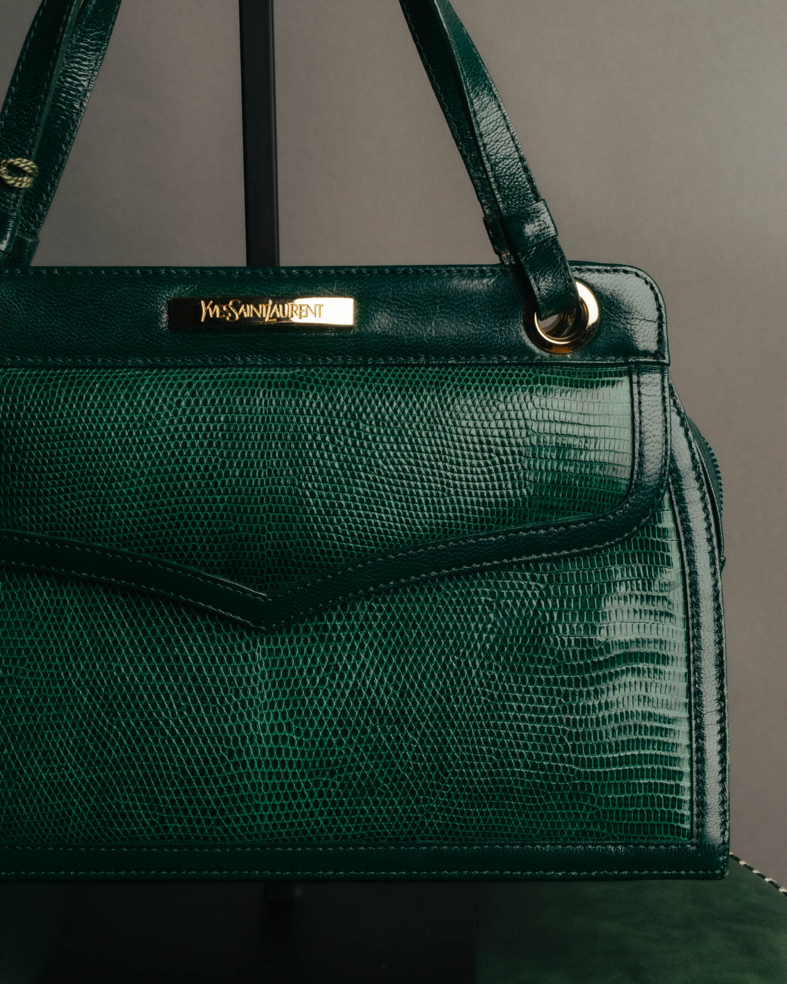 -SPECIAL- "Yves Saint Laurent" 80's-90's Glossy green exotic leather shoulder handbag