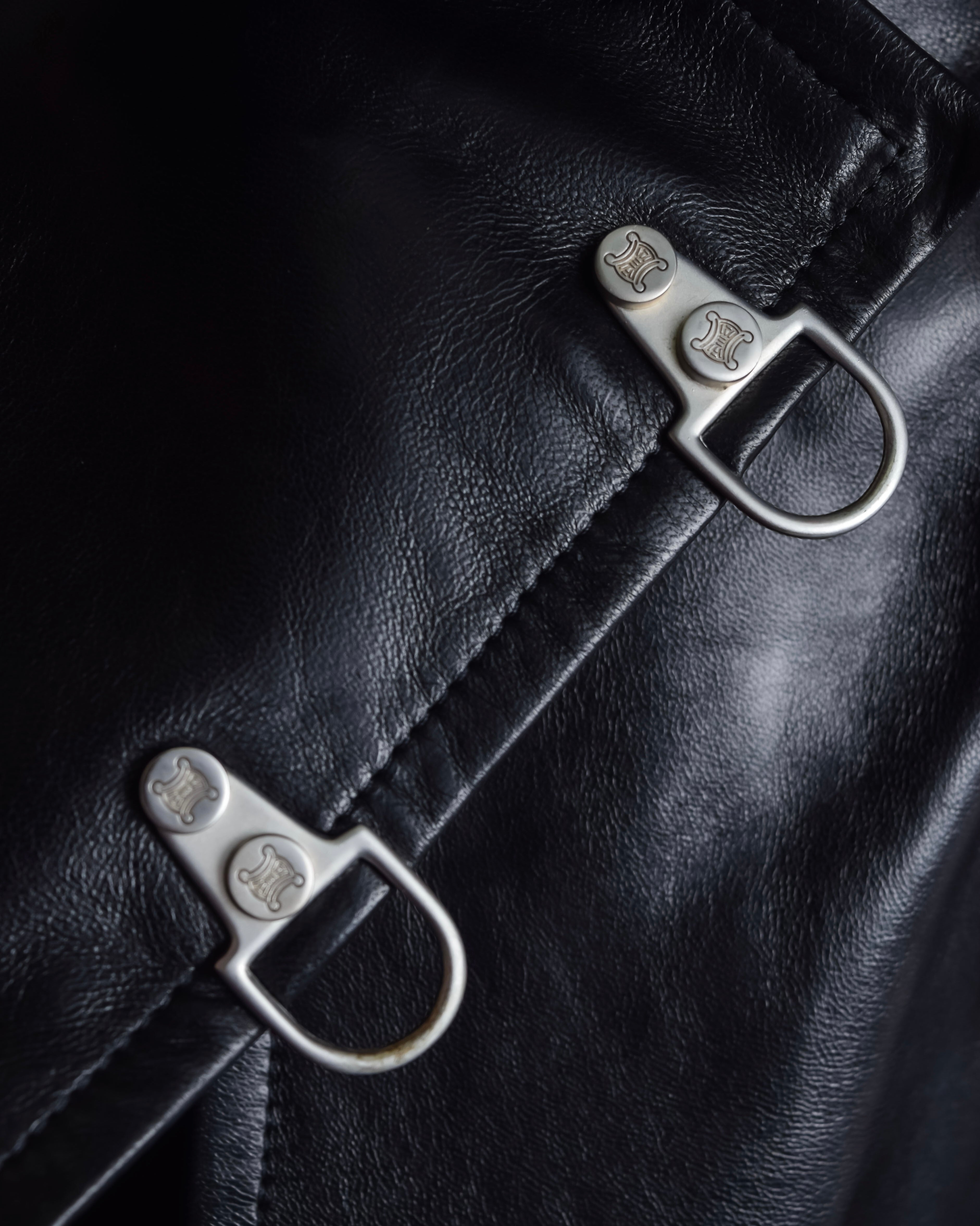 "CELINE" Front metal buckle detail leather skirt