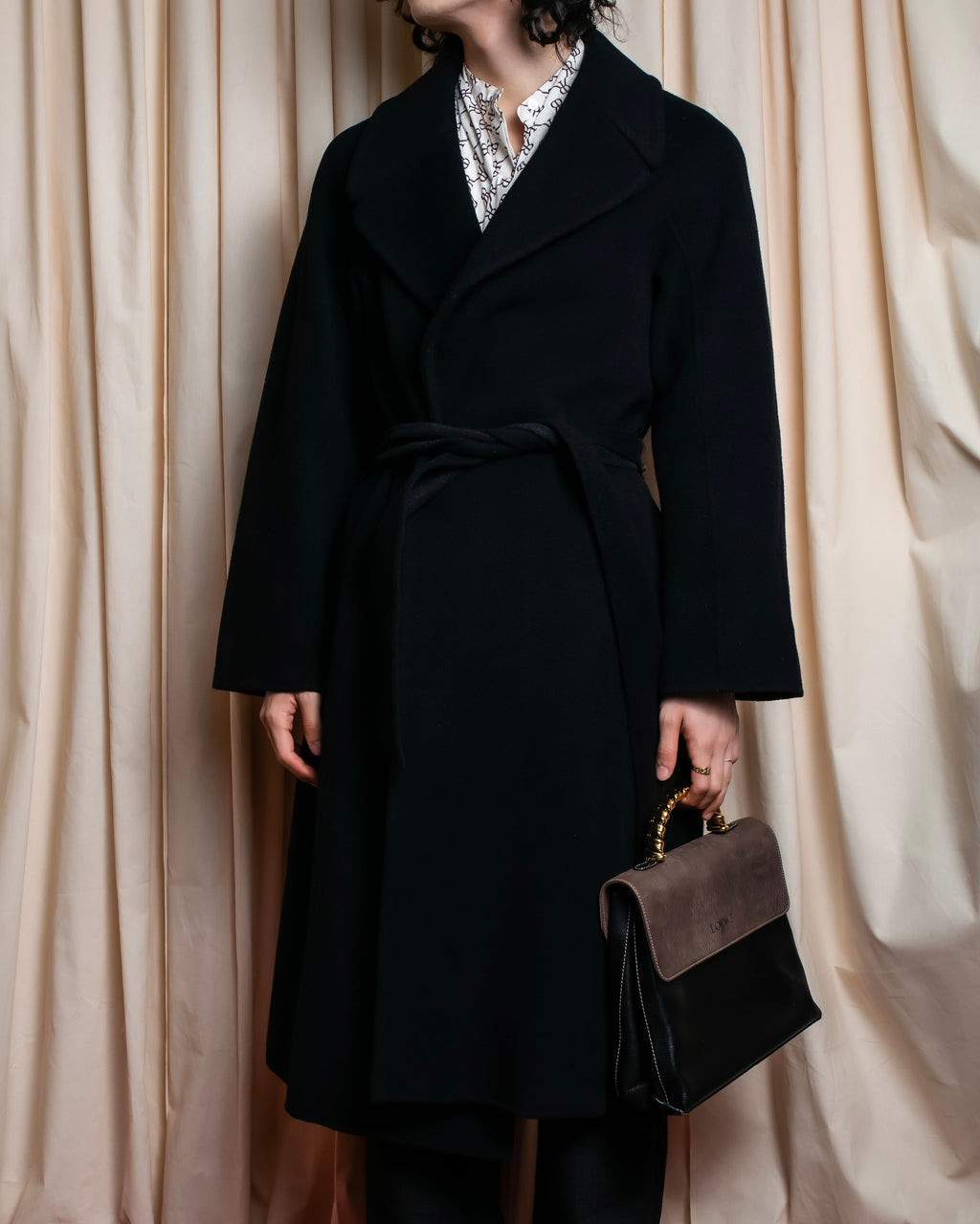 "Vintage large lapel design belted long gown coat"