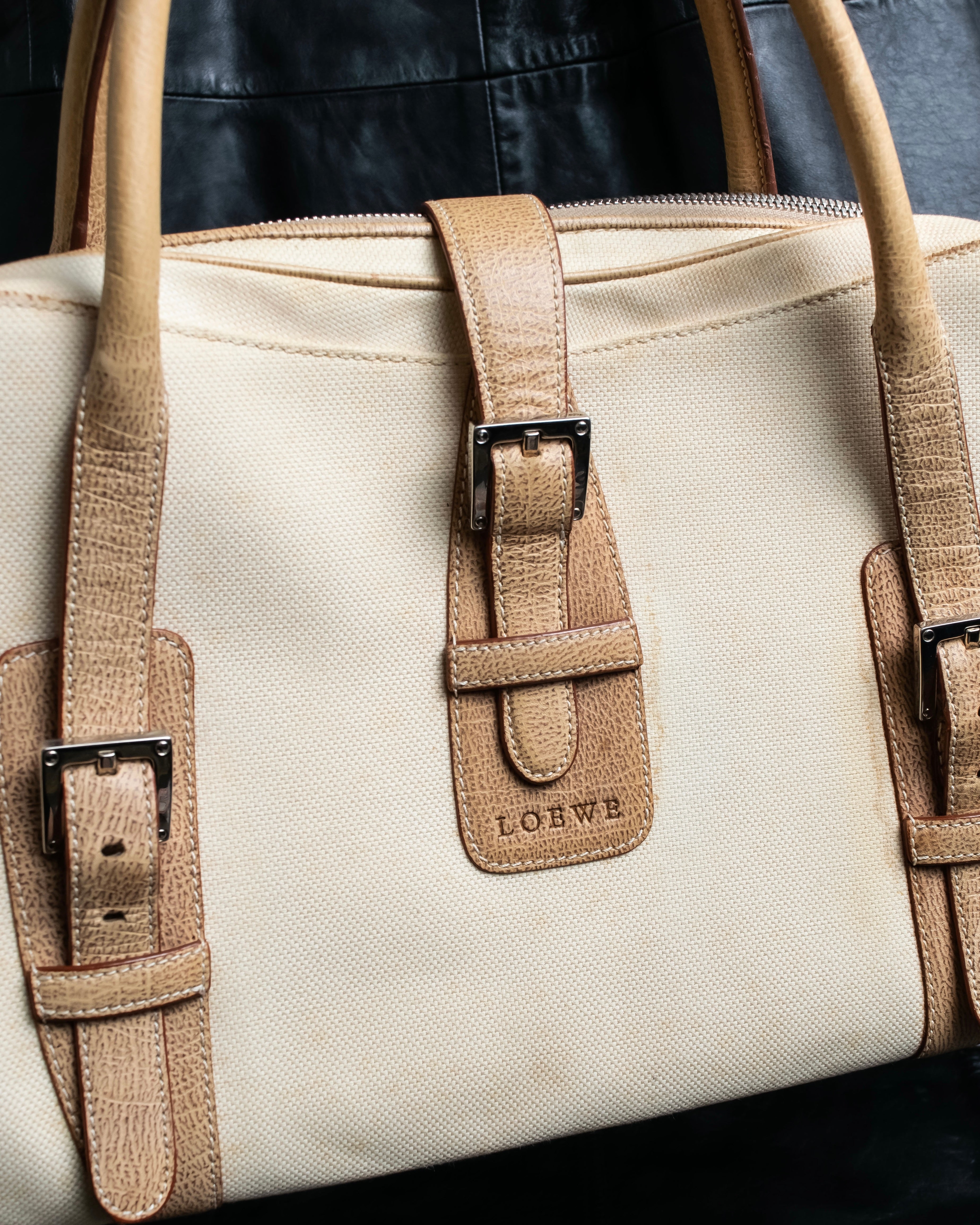 “LOEWE” Leather belted design bicolor handbag