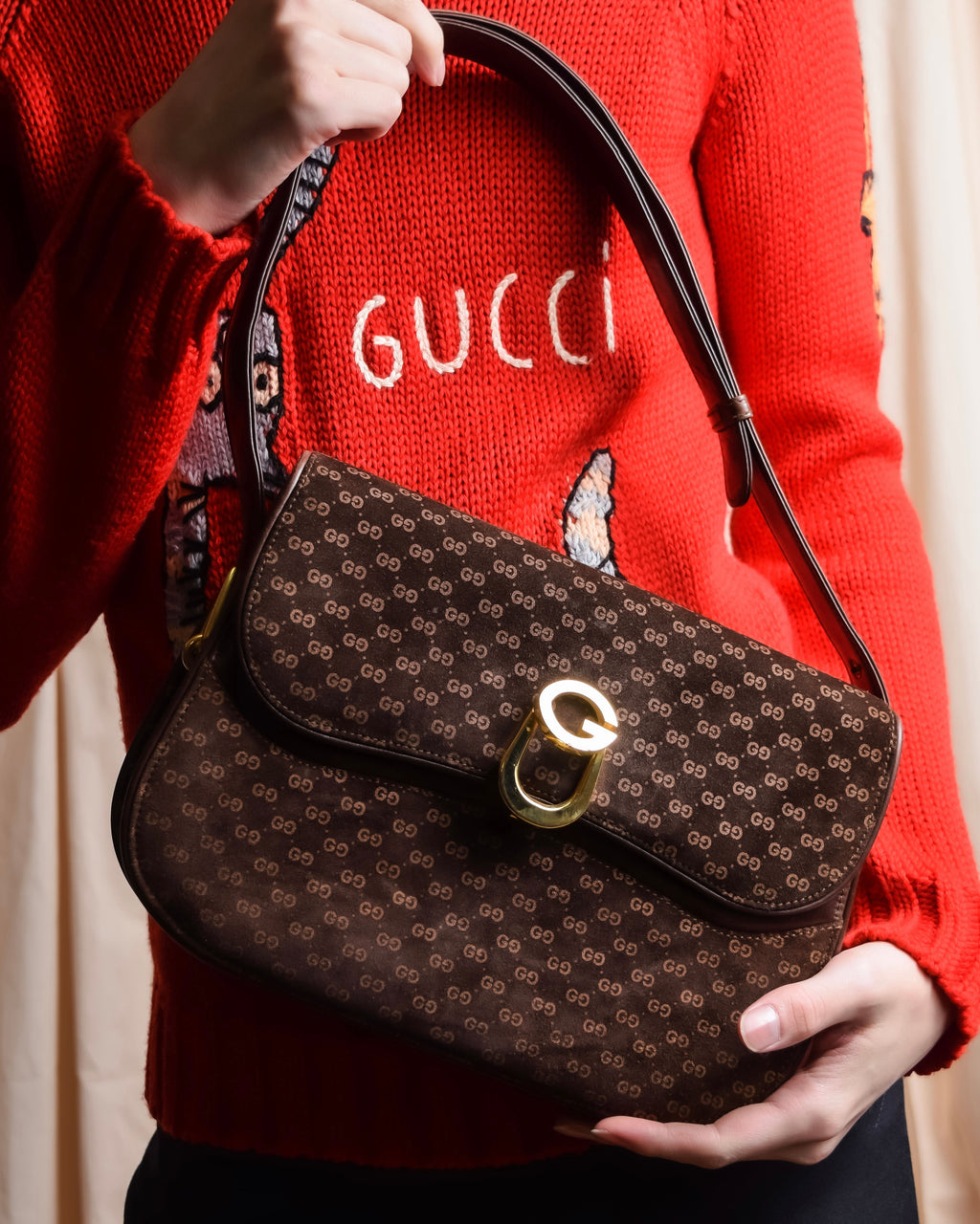 "GUCCI" 70's Embossed suede flap shoulder bag