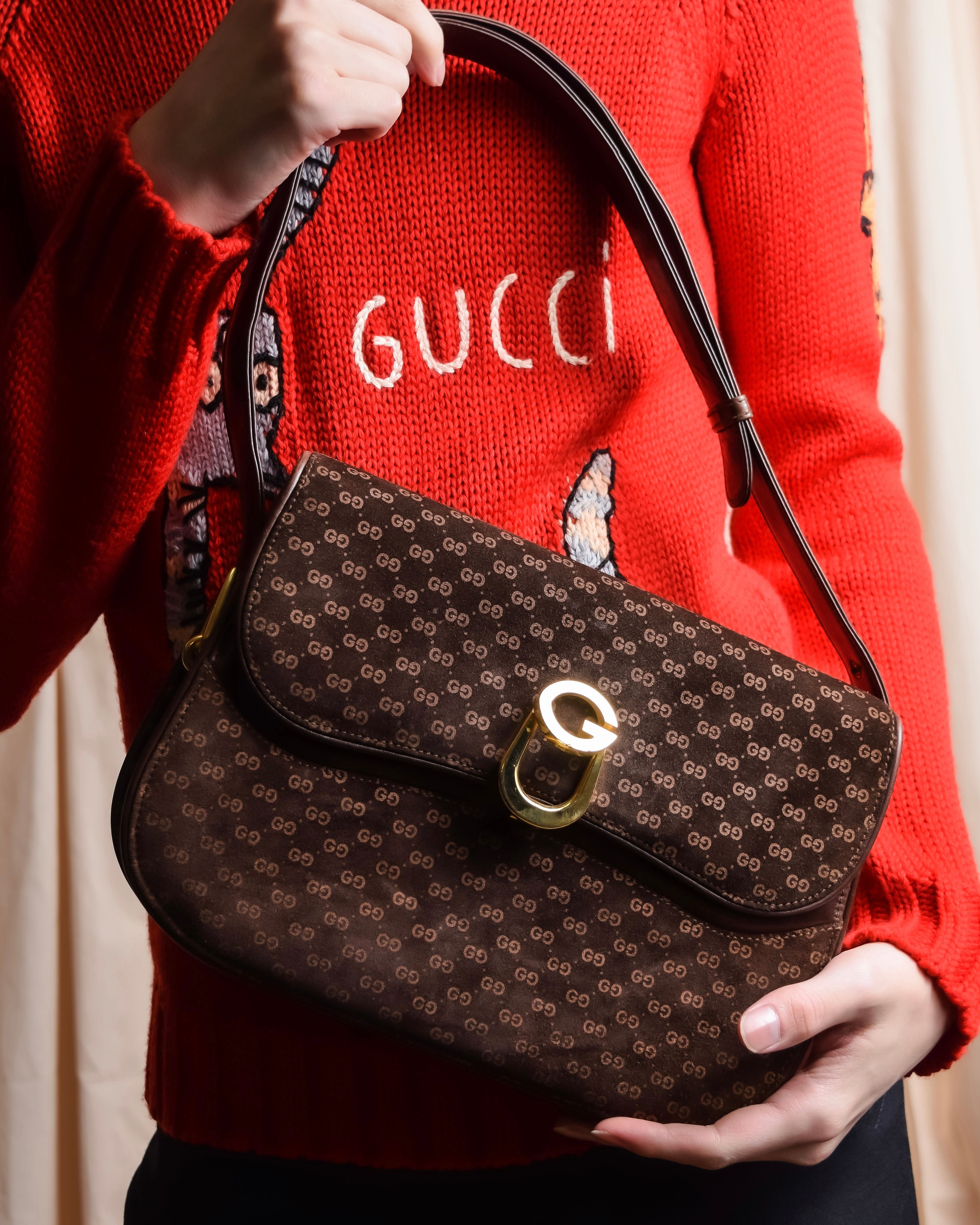 "GUCCI" 70's Embossed suede flap shoulder bag