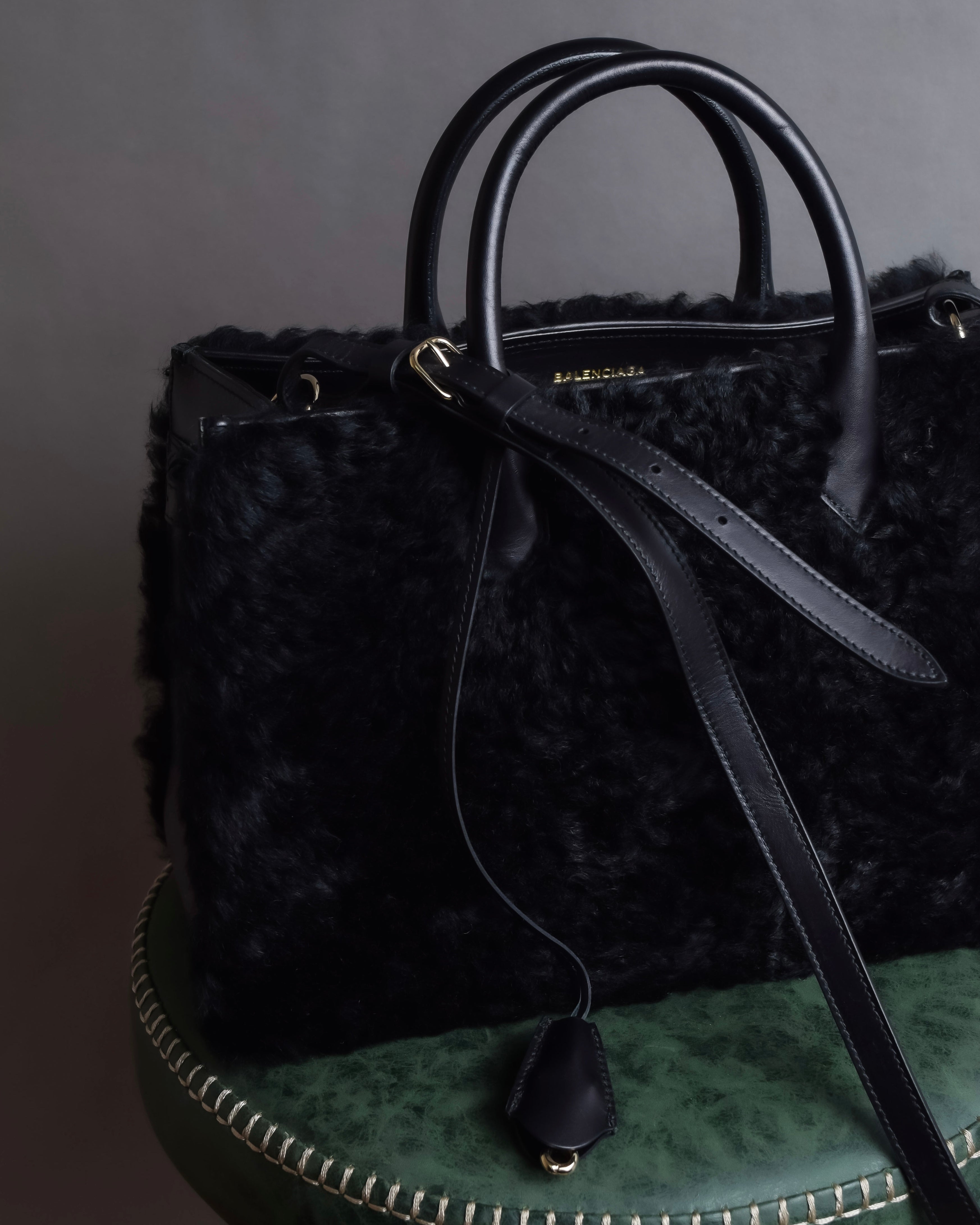 "BALENCIAGA" Padlock design shearling leather bag