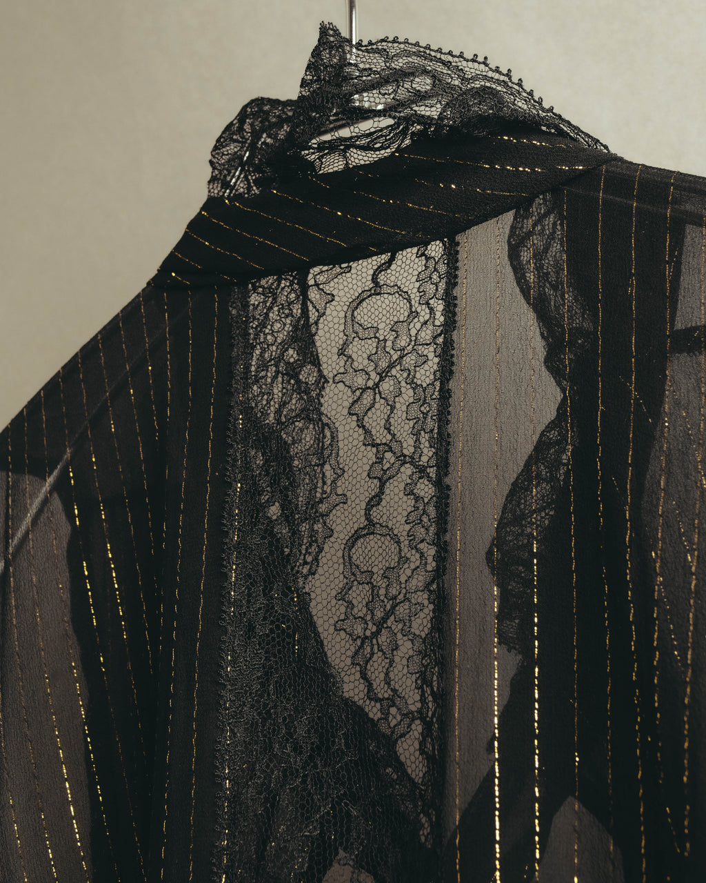 “PINKO” 2010’s Metallic striped lace georgette bow blouse
