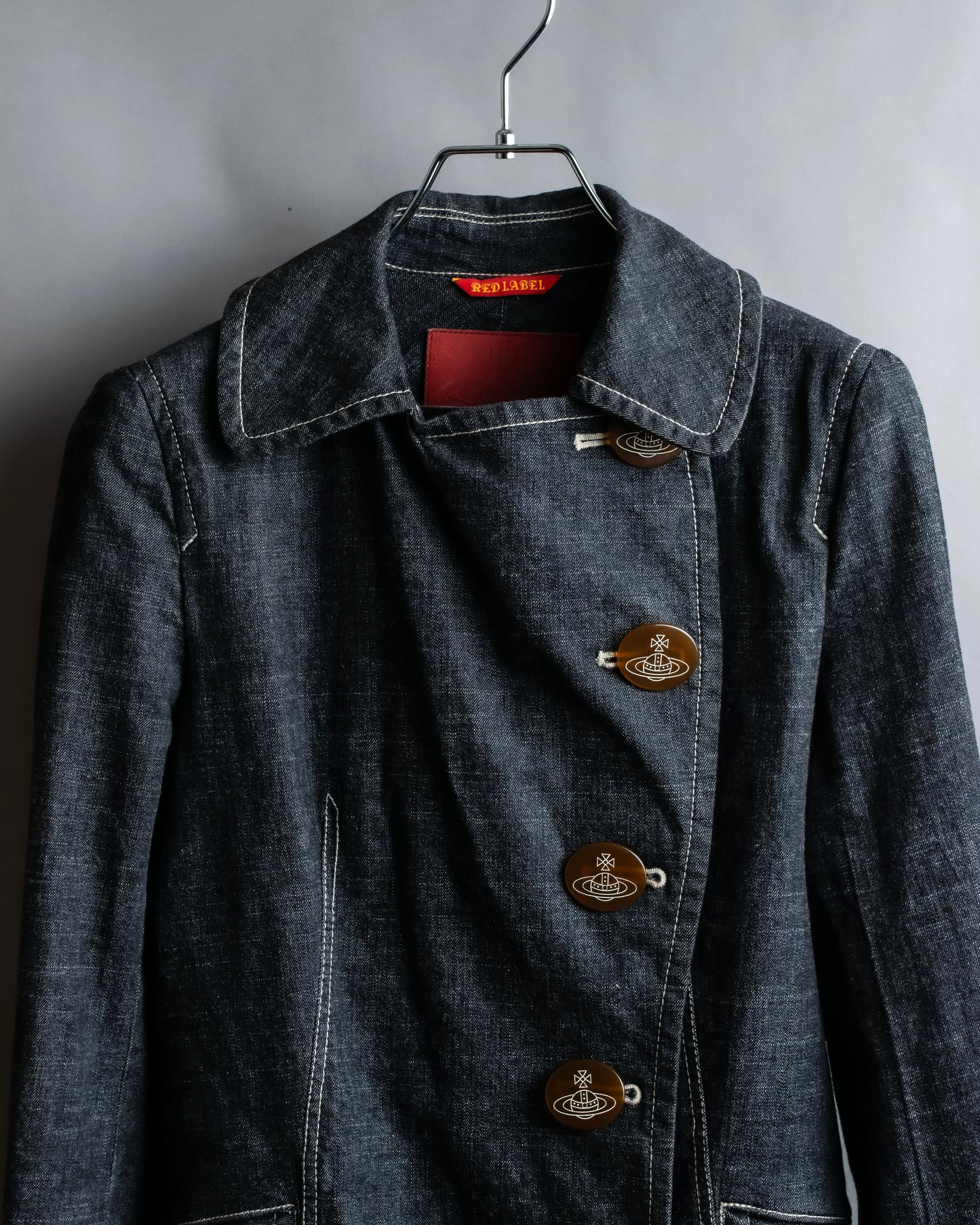 "Vivienne Westwood RED LABEL" Asymmetrical button design mid length denim coat