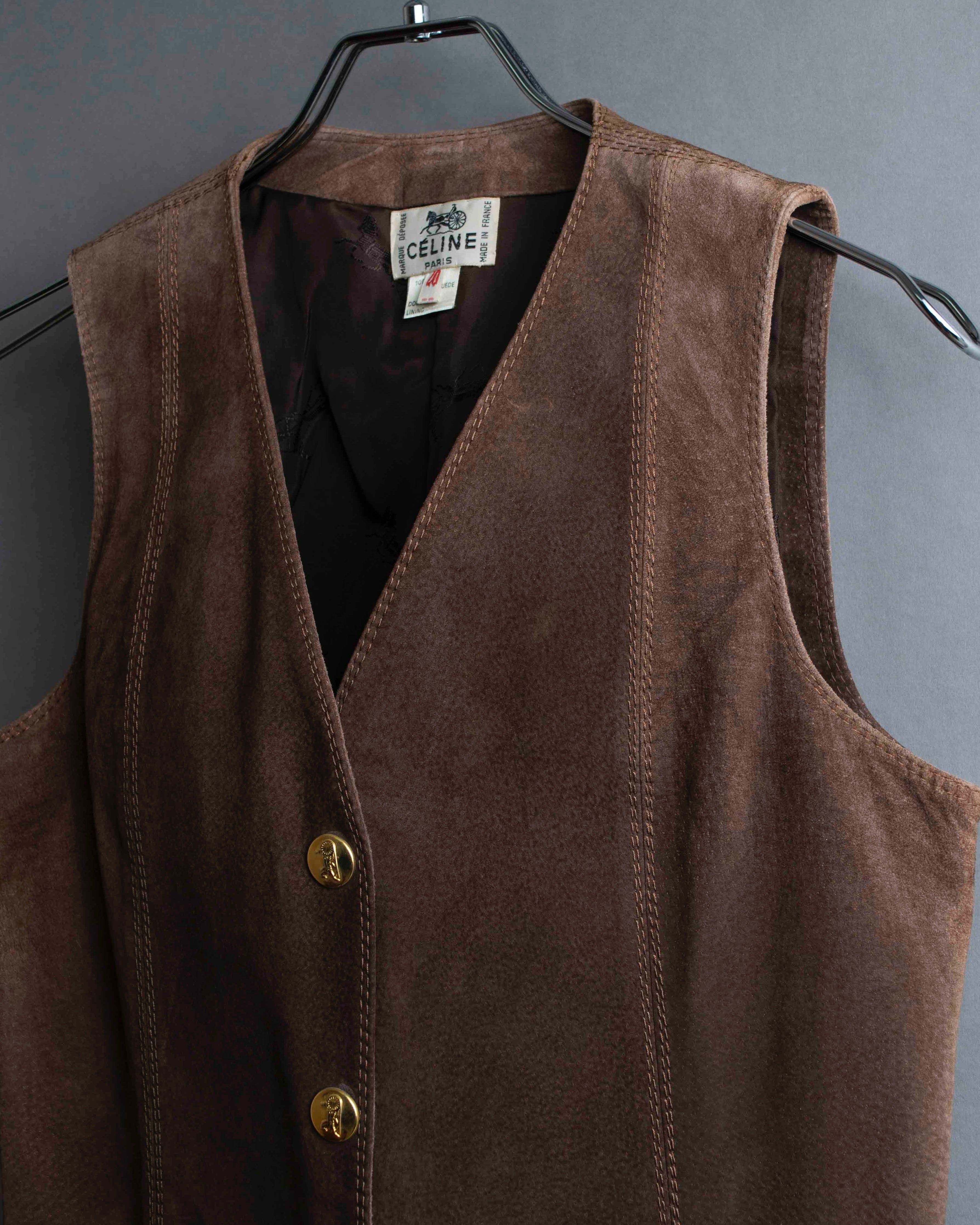 "CELINE" Horse tack motif metal fittings design suede vest