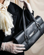 "BVLGARI" Horizontal form engraved logo leather bag