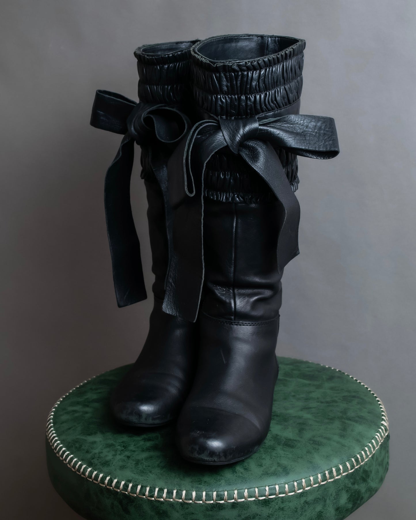 "MIU MIU" Gathered＆ribbon design zip-up leather long boots