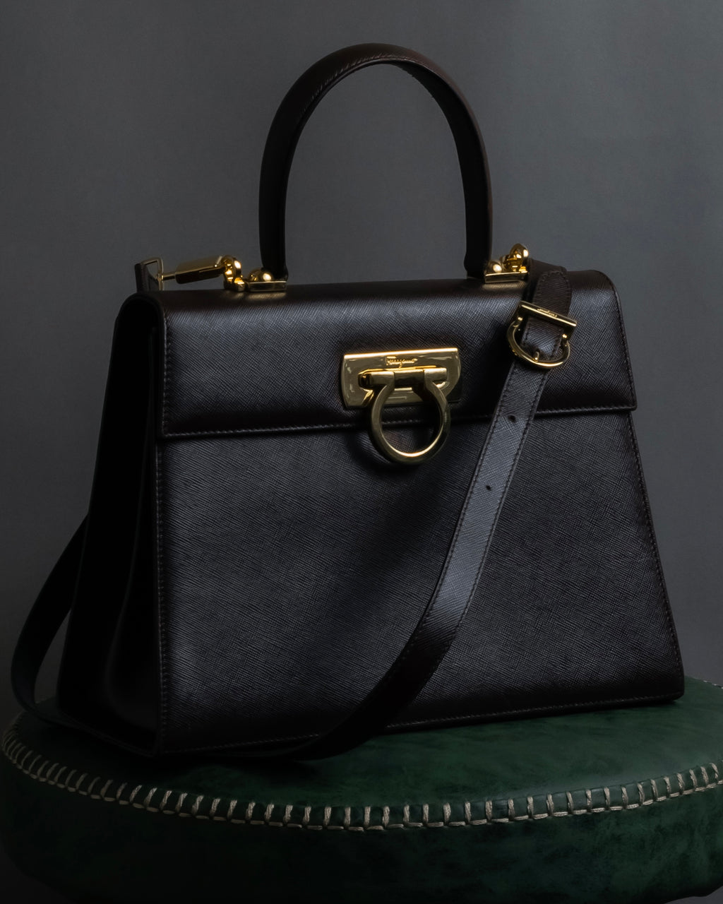 "Salvatore Ferragamo" Structured Gancini 2way dark brown leather bag
