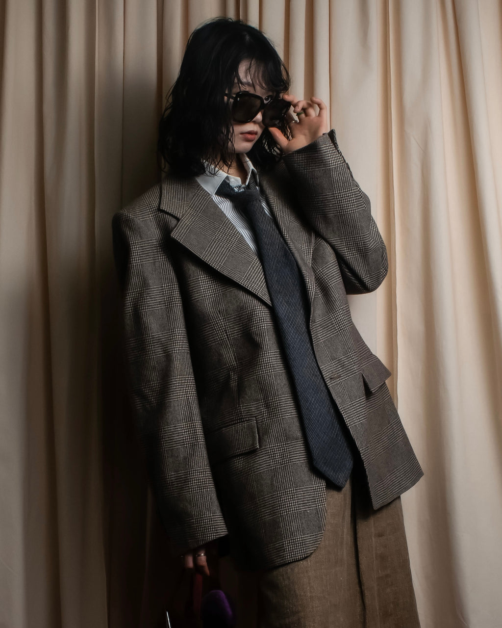 "YVES SAINT LAURENT" Glen plaid oversized wool tailored jacket