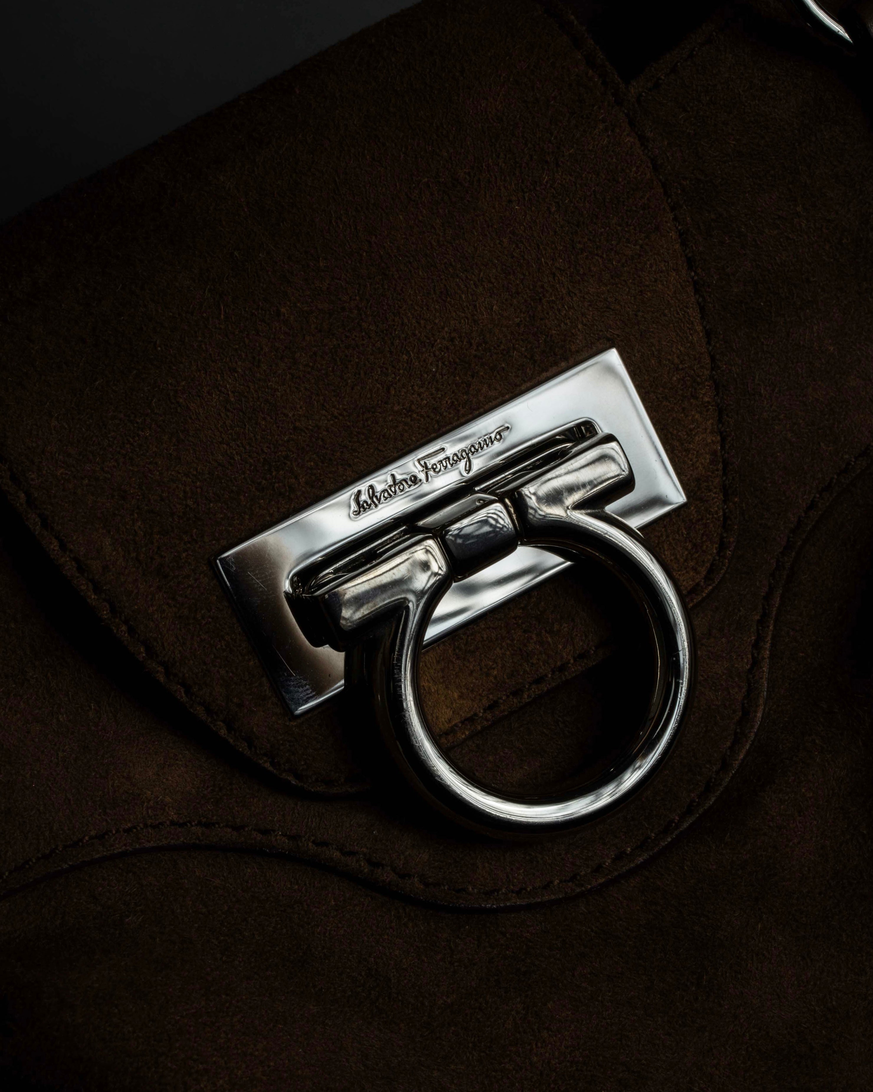 "Salvatore Ferragamo" Gathered form Gancini motif design suede hand bag