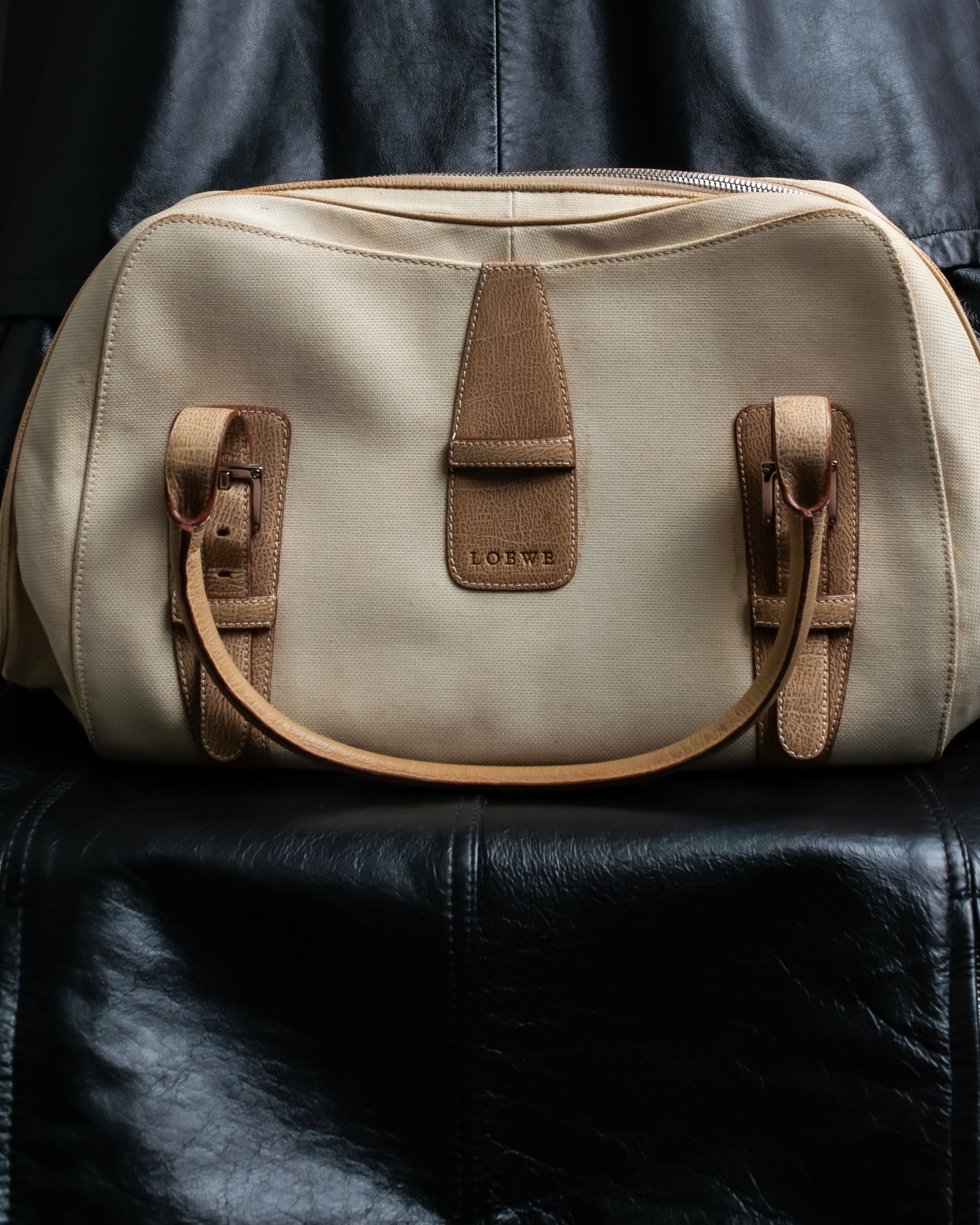 “LOEWE” Leather belted design bicolor handbag