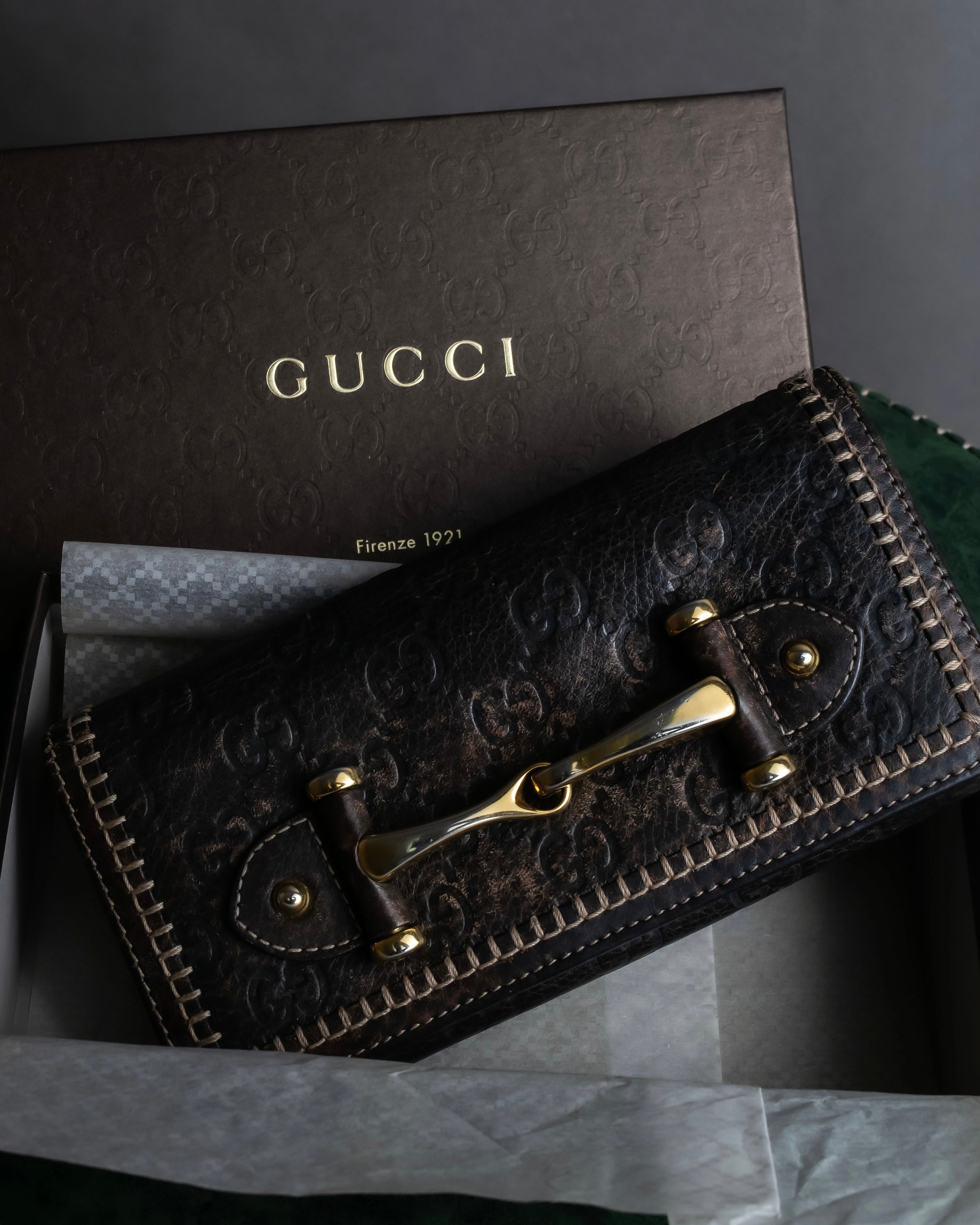 "GUCCI" GG mark embossed leather horsebit long wallet
