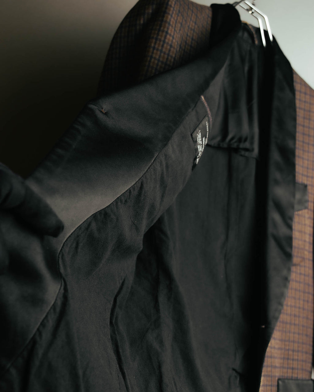 -SPECIAL- "Maison Martin Margiela" 00's Check shawl collar smoking jacket with satin contrast