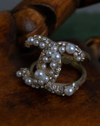 "CHANEL" Coco mark motif pearl strass design ring