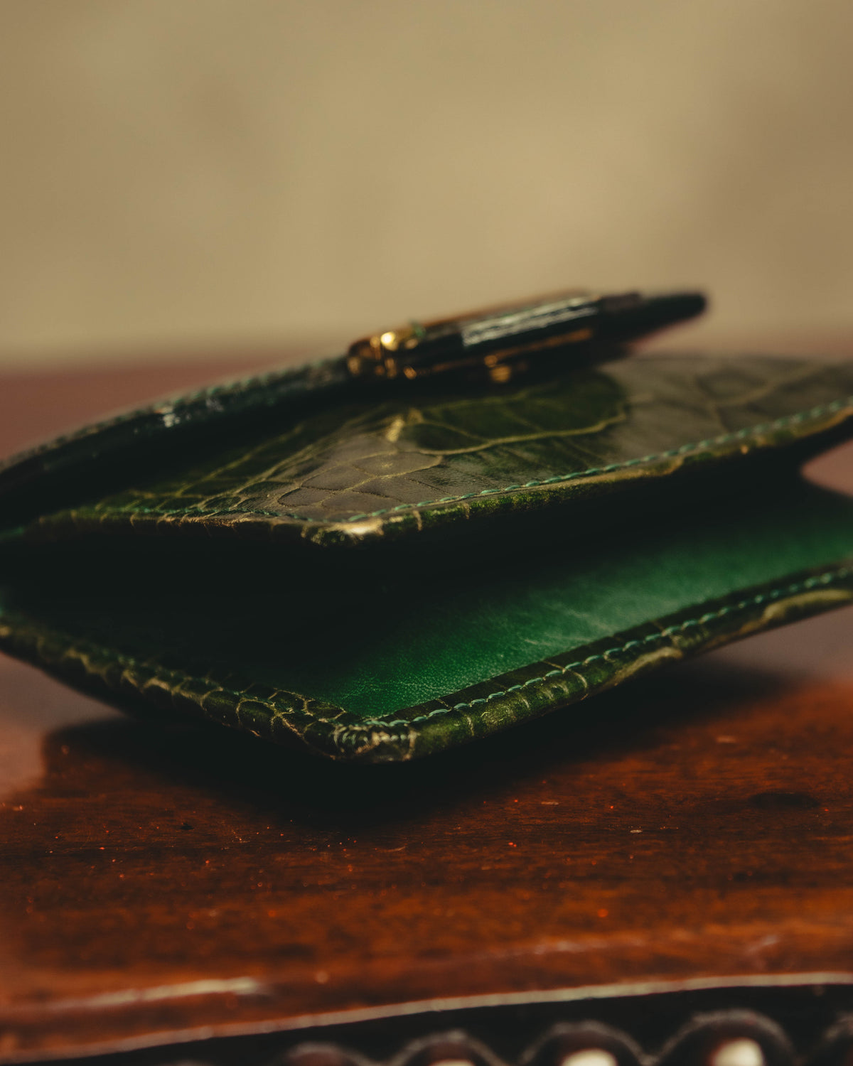 "Yves Saint Laurent" 80's Dark green crocodile compact wallet
