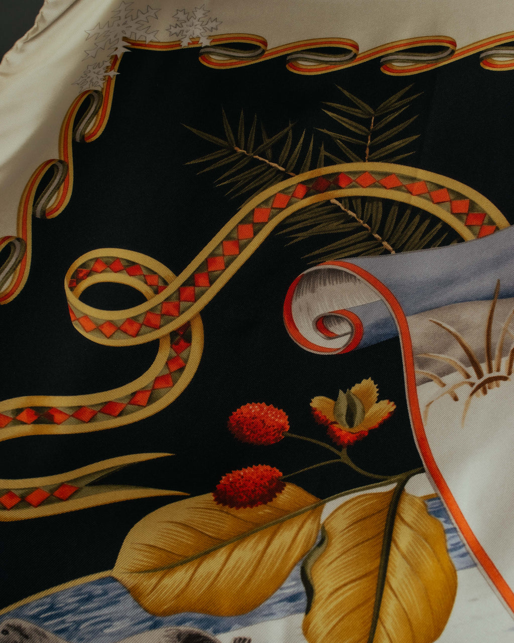 "Salvatore Ferragamo" 90's-00's Vintage arctic fauna and scrolling ribbon silk scarf
