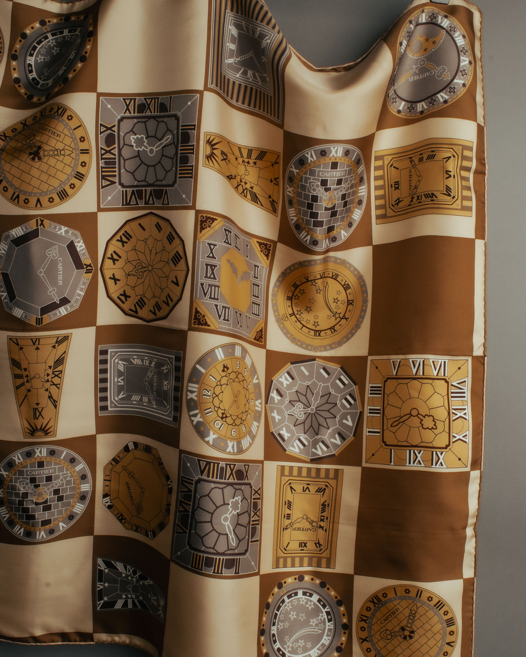 “Cartier“ 80’s-90’s Timepiece motif silk scarf