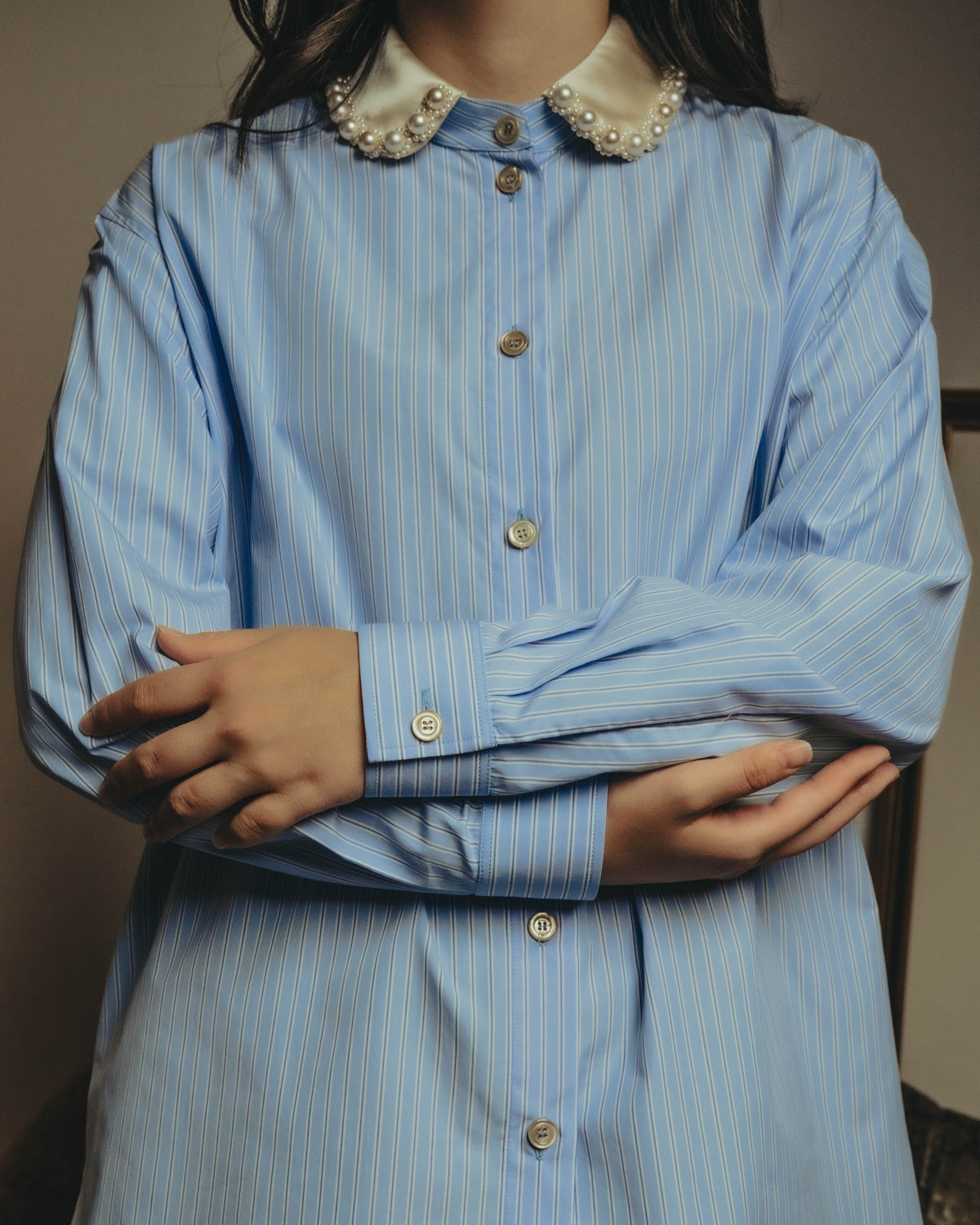 -SPECIAL- "GUCCI" 2010's-20's Pearl embellished detachable collar striped long shirt