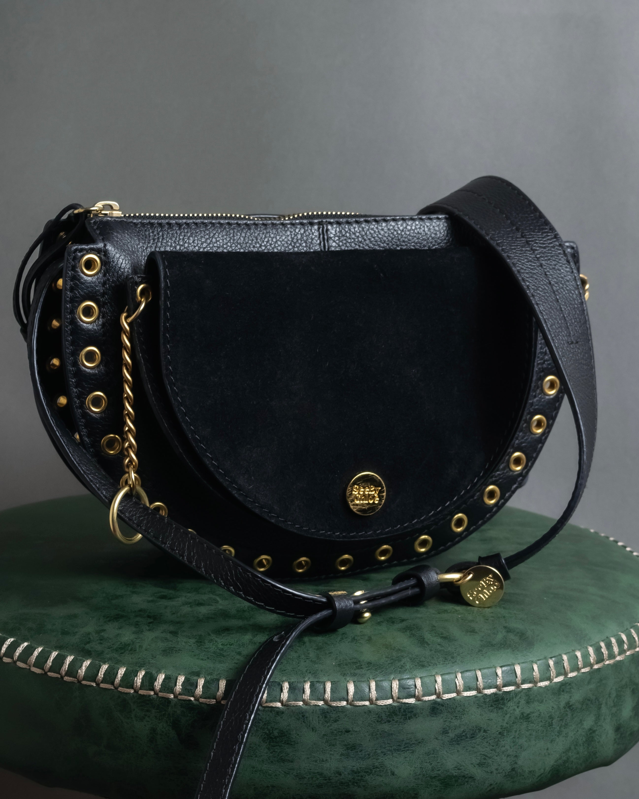 "See by Chloé" Half-moon grommet-detail suede shoulder bag