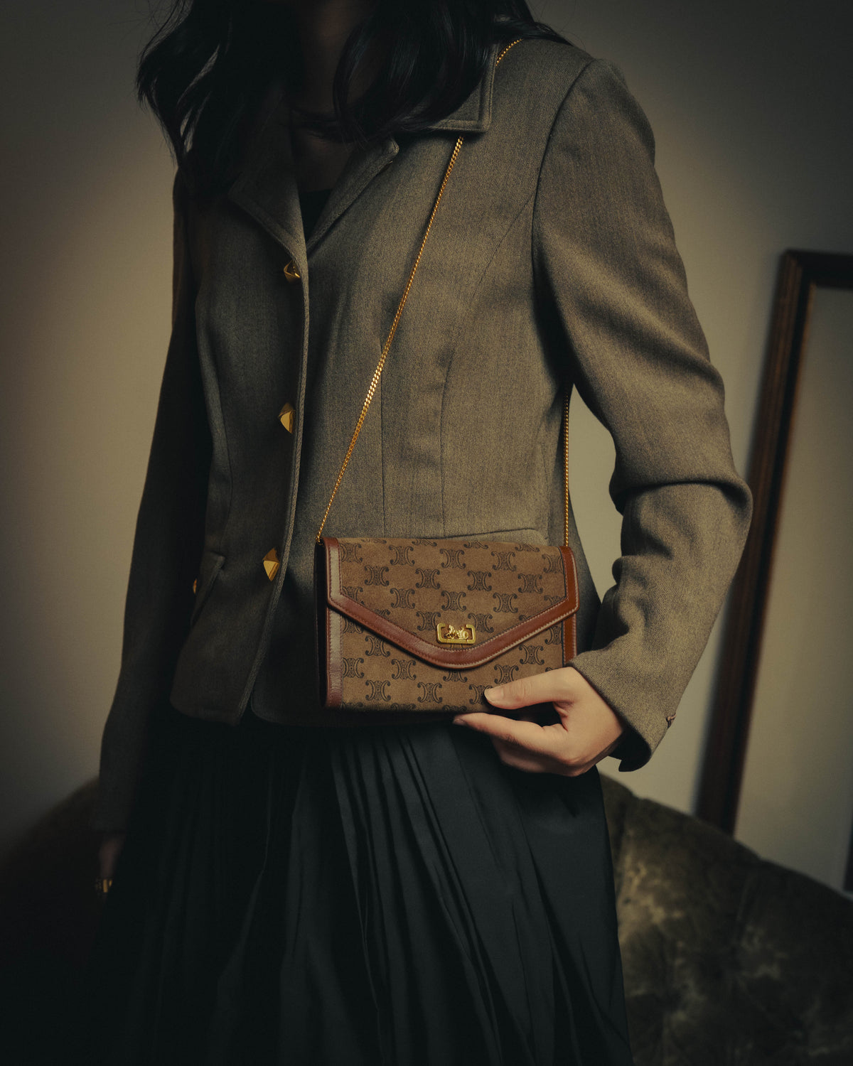 –SPECIAL– "CÉLINE" 70's-80's Vintage monogram suede chain shoulder bag