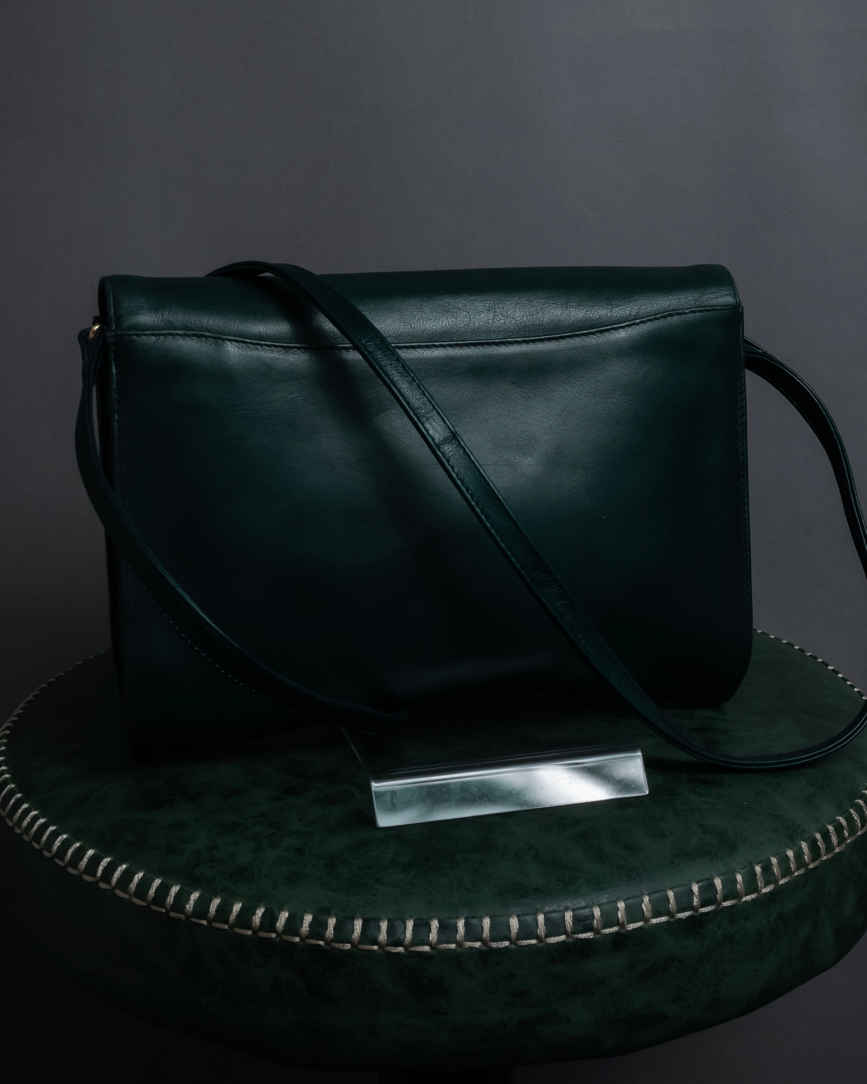 "Valentino Garavani" 80's Knot detail logo engraved dark green leather bag