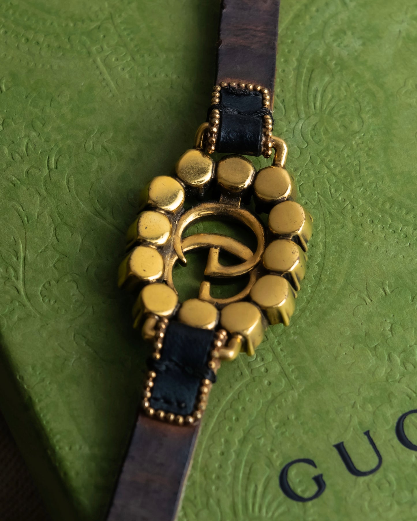 "GUCCI" Double G motif rhinestone leather bracelet