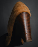 "HERMES" 00’s-10’s Suede V-cut  sculptural wood heel pumps