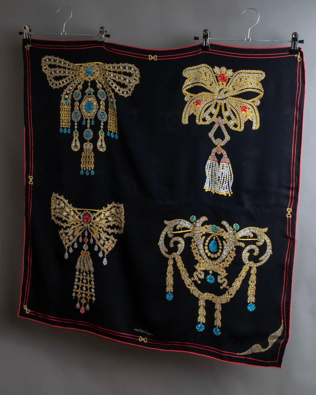 "Cartier" Gemstone brooch motif silk square scarf