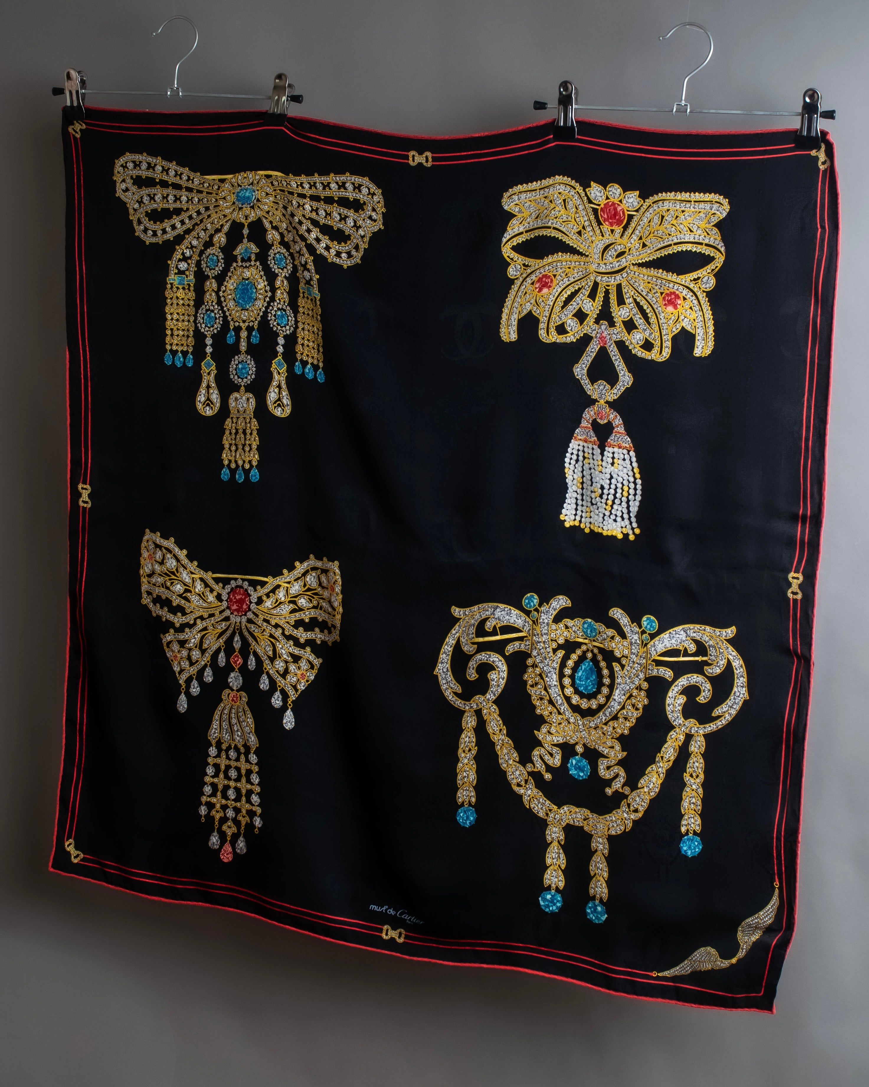"Cartier" Gemstone brooch motif silk square scarf