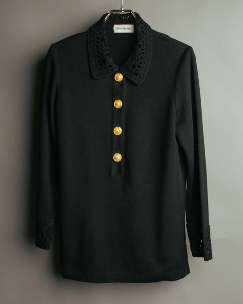 -SPECIAL- “Yves Saint Laurent” 90’s crochet collar pearl button knit pullover