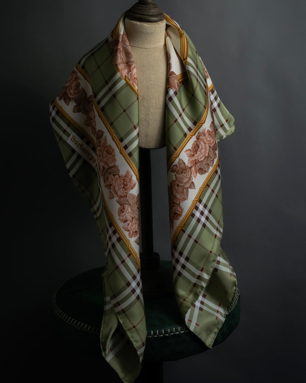 "BURBERRYS" Rose motif layered check pattern silk scarf