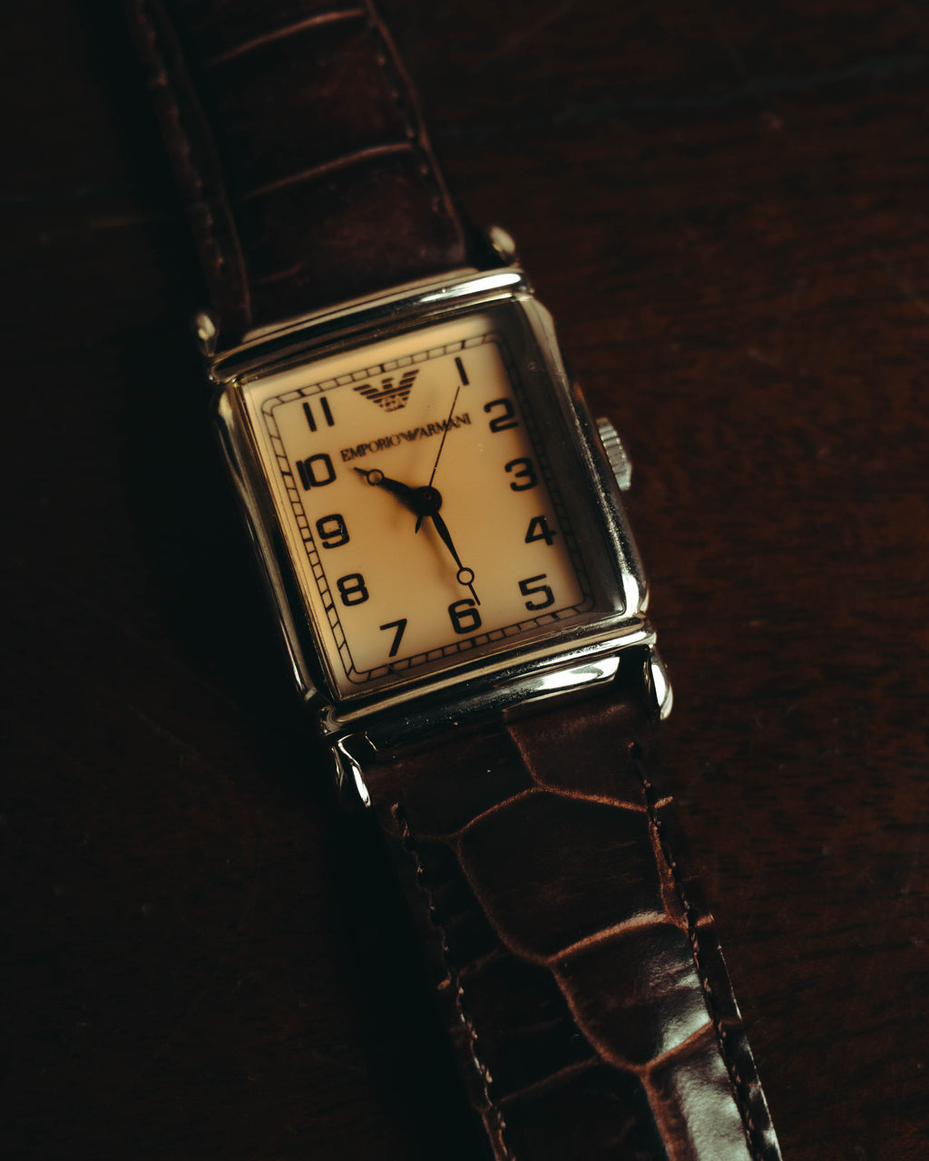 “EMPORIO ARMANI” Late 90’s-early 10’s Art deco rectangular leather strap watch