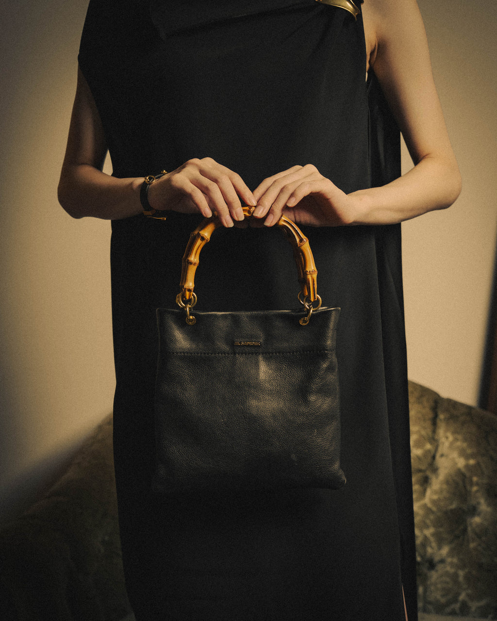 –SPECIAL– “JIL SANDER” 20’s Bamboo handle grained leather shopper bag