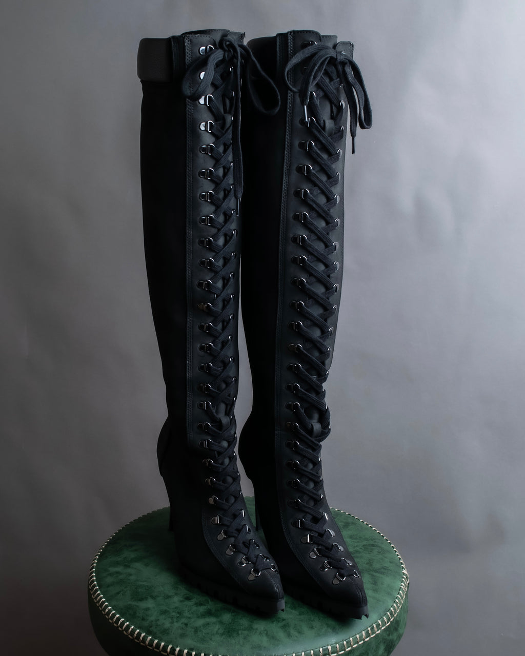 "YELLO" Lace up suede like stiletto heel knee-high boots