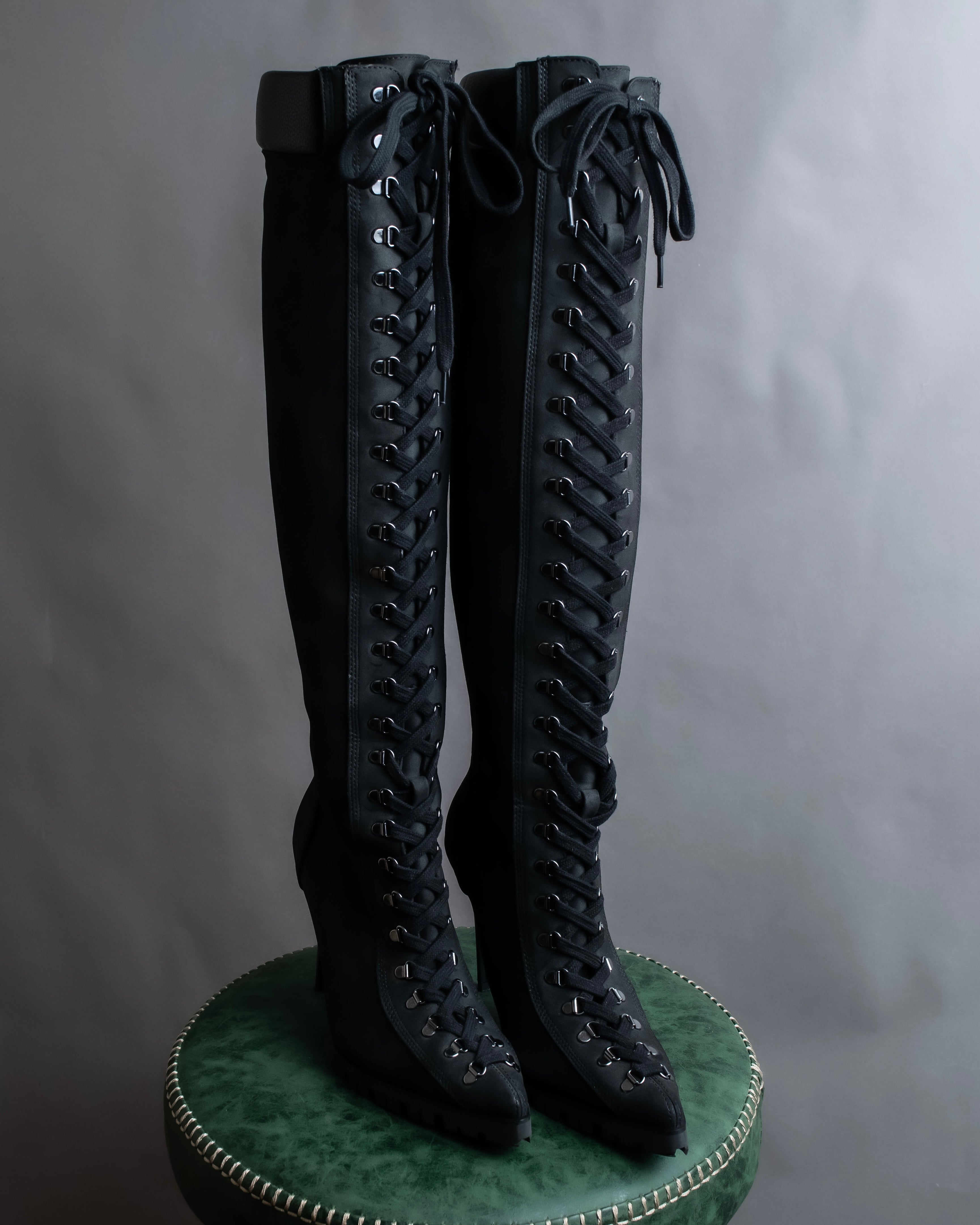 "YELLO" Lace up suede like stiletto heel knee-high boots