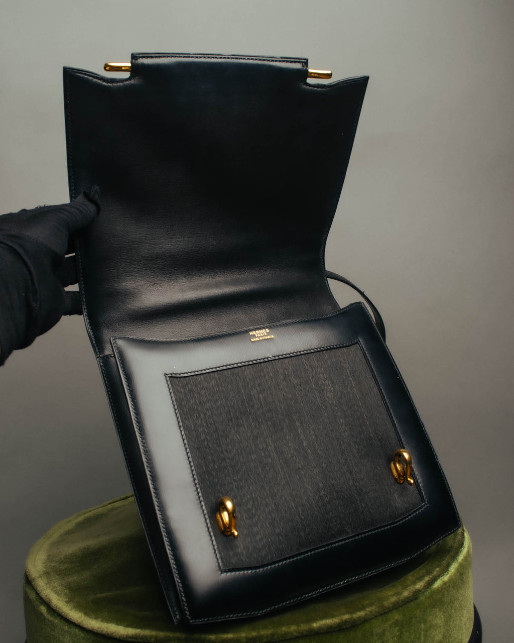 -SPECIAL- “HERMÈS” 80’s-90’s Camargue black leather and canvas shoulder bag