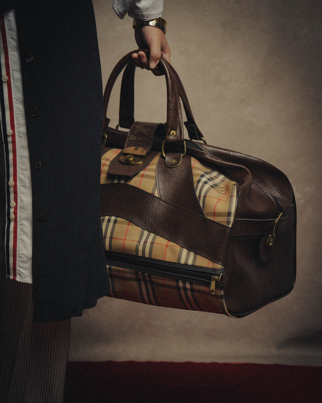 -SPECIAL- "Burberrys" 80's-90's Classic check textured leather boston bag