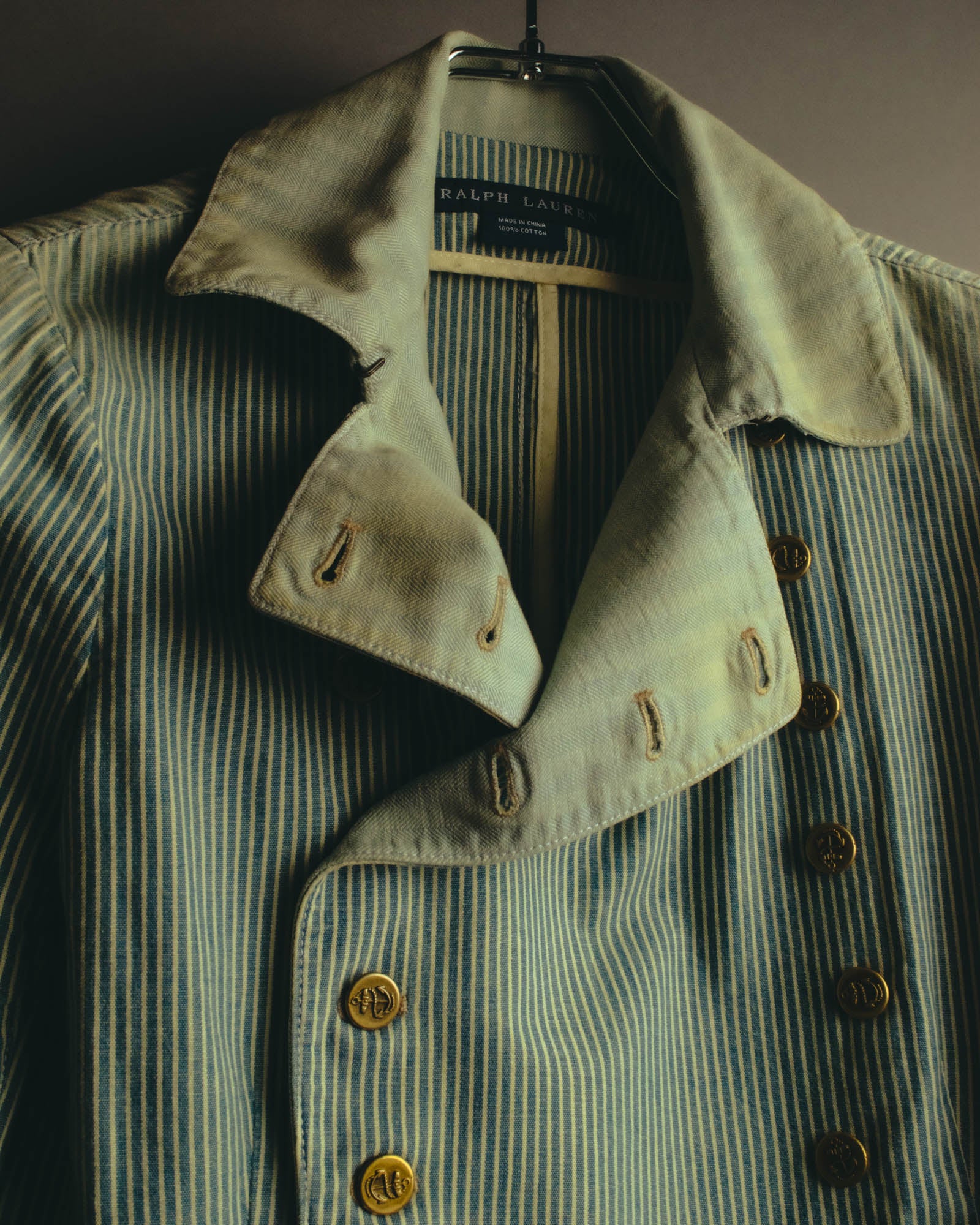-SPECIAL- "Ralph Lauren" 00's Hickory stripe cotton double-breasted marine jacket