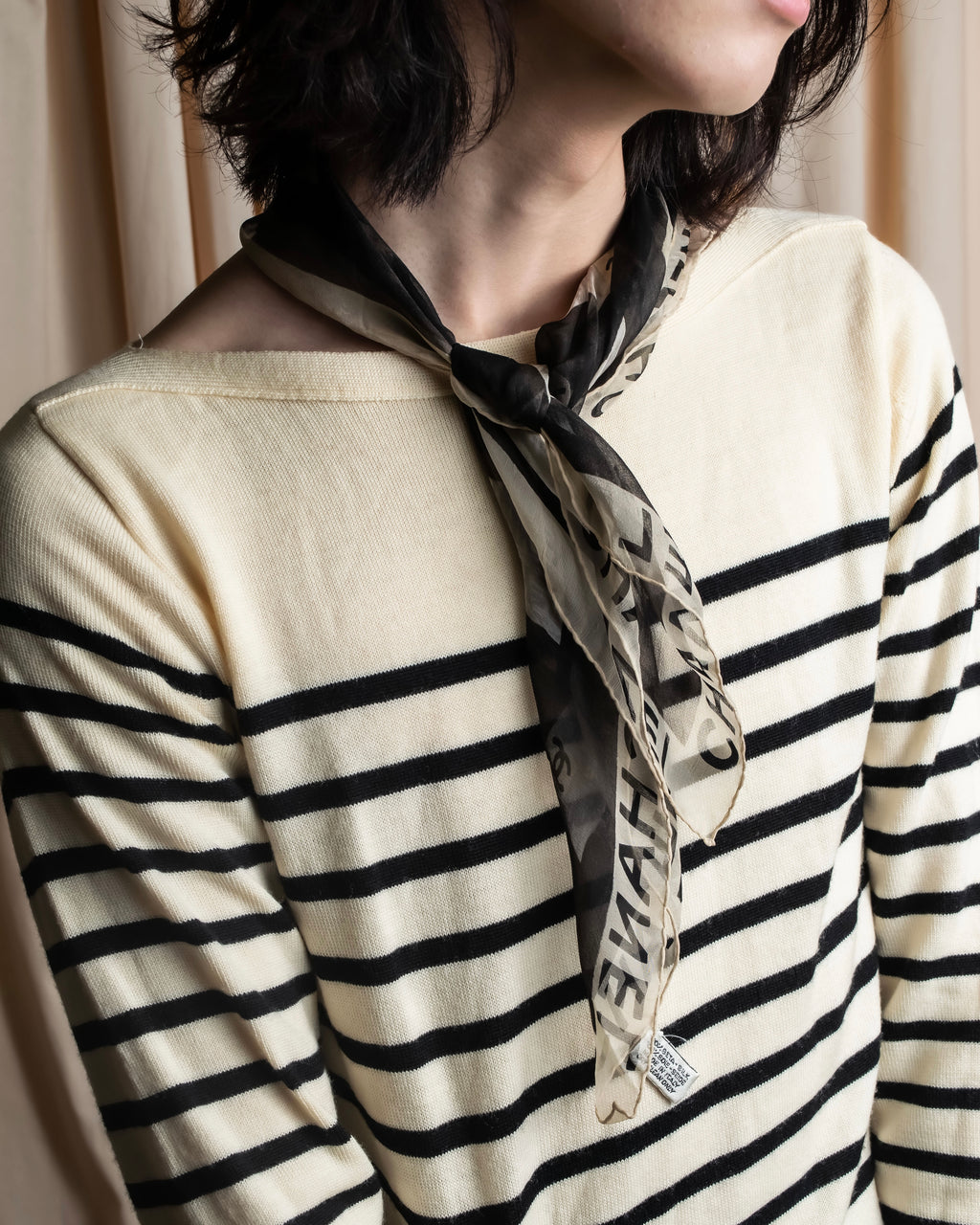 "CHANEL" Coco mark grid pattern silk scarf