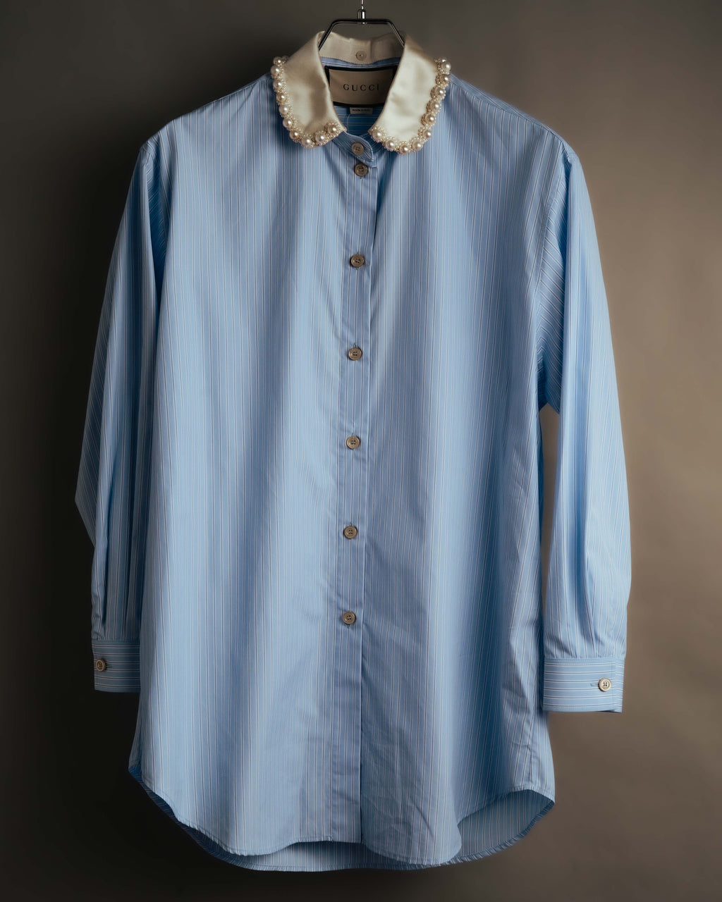-SPECIAL- "GUCCI" 2010's-20's Pearl embellished detachable collar striped long shirt