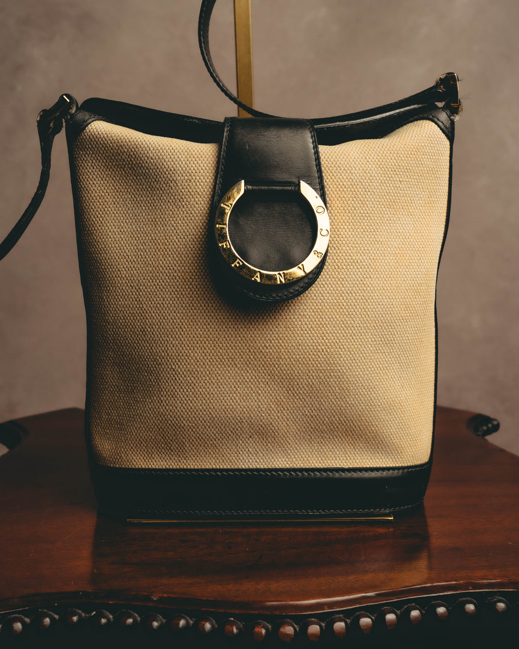 "Tiffany & Co." Vintage two tone canvas and leather shoulder bag