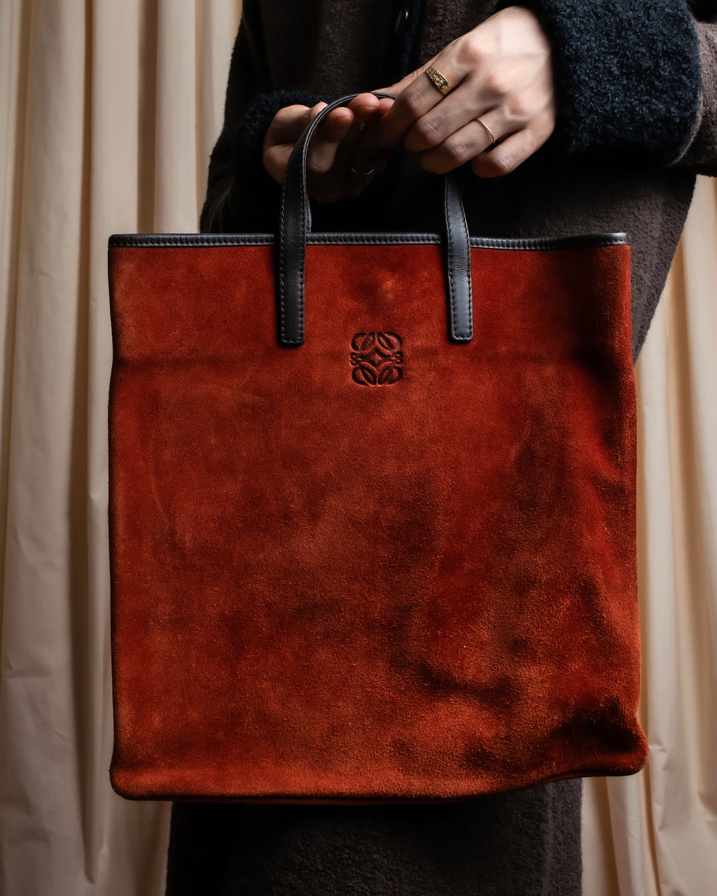 "LOEWE" Anagram logo engraved suede leather tote bag
