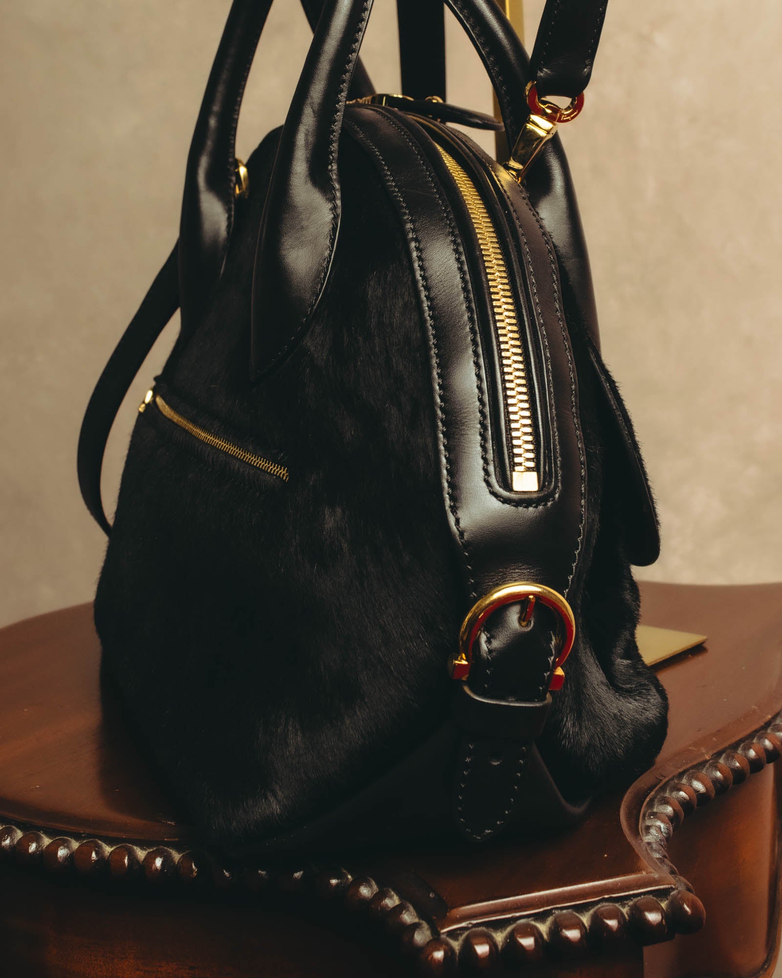 -SPECIAL- “Salvatore Ferragamo“ 90's-00's Gancini pony hair and leather dual-way boston bag