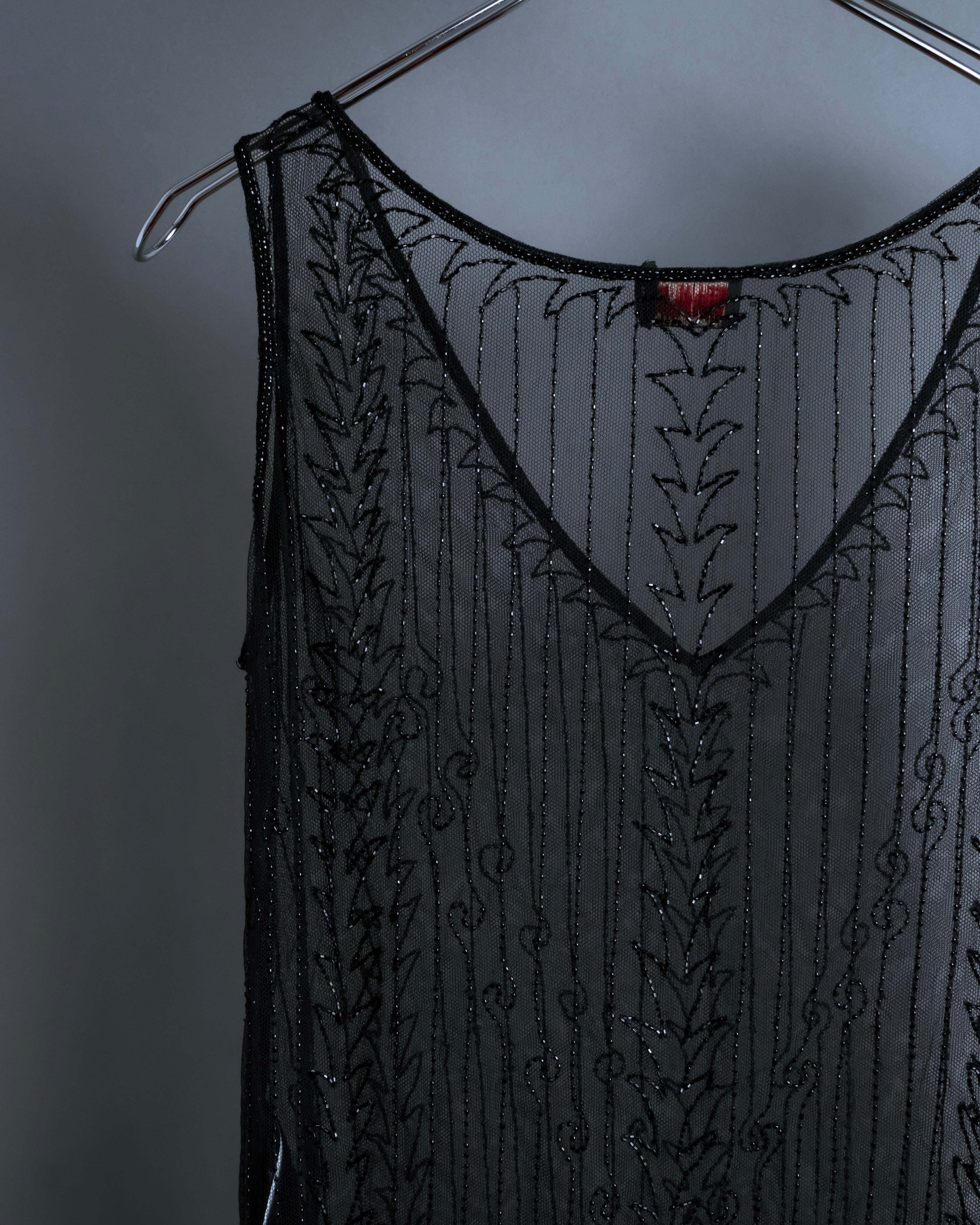 "RRL Ralph Lauren" Sequined beaded plant motif tulle sleeveless dress